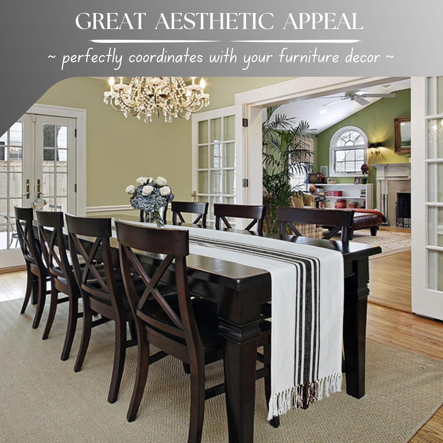 Design Imports  Black Striped Fringe Ribbed Table Runner 14X72