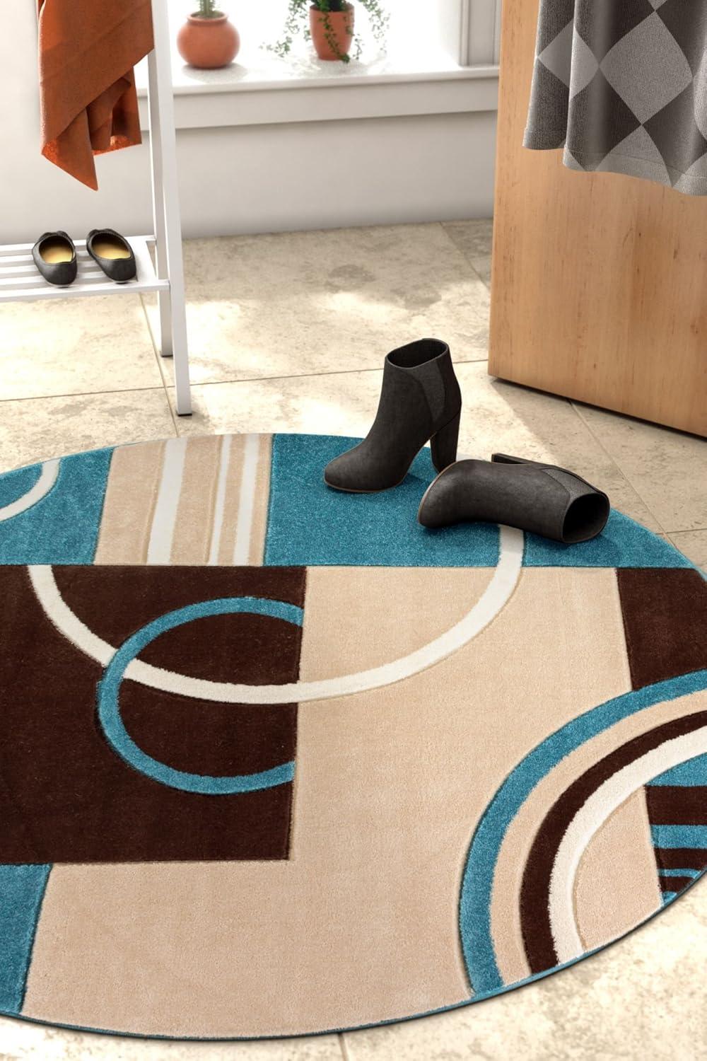 Echo Shapes Circles Modern Geometric Comfy Casual Hand Carved Abstract Contemporary Thick Soft 5'3" Round Blue Area Rug