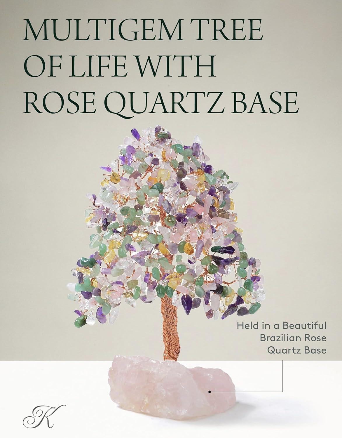 Kalifano K965R-MT Bonsai Tree of Life on Rose Quartz Base with 414 Crystals