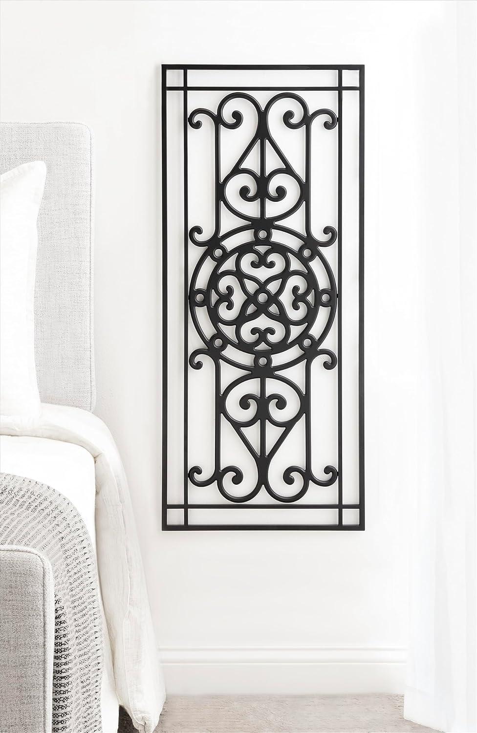 Kate and Laurel Ellard Farmhouse Rectangle Wall Art Plaque, 20 x 44, Black, Traditional Panel Decorative Wall Plaque with Ornate Painted Wooden Scrollwork and Sturdy Metal Frame