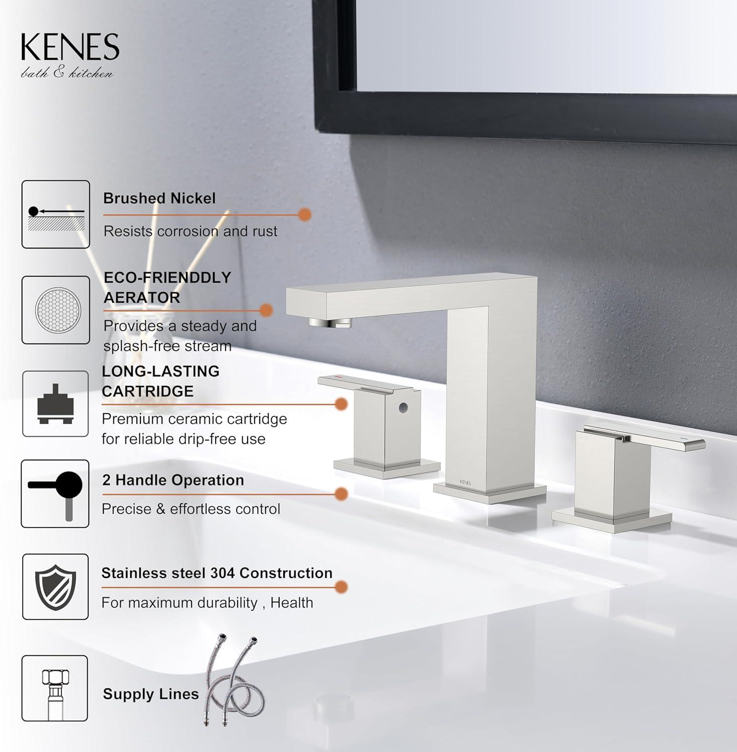KENES 2 Handle Widespread Bathroom Faucets Brushed Nickel, Bathroom Sink Faucet 3 Hole Vanity Faucet with Lead-Free Supply Hose, KE-9050
