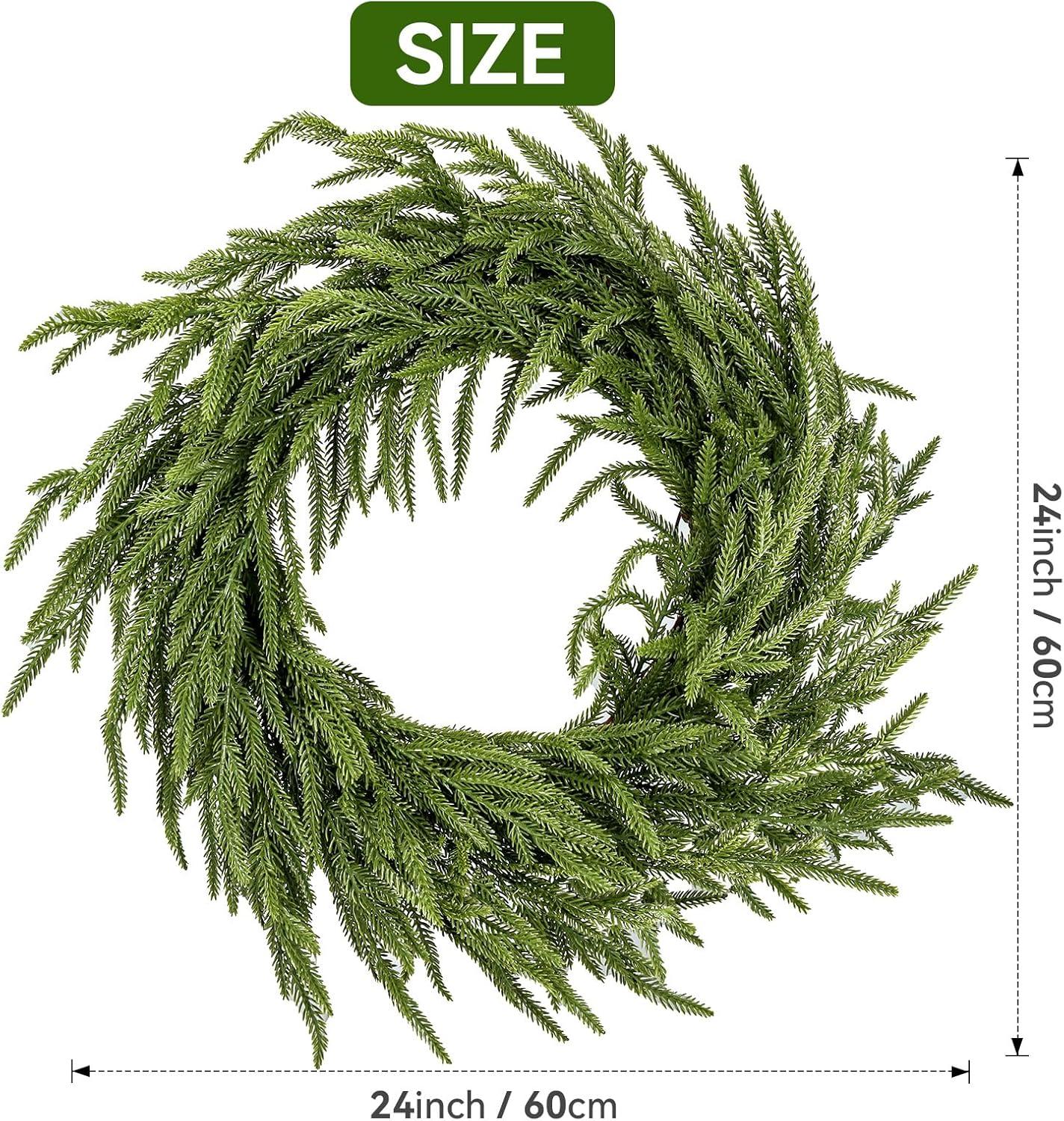 MUYIER 24" Real Touch Norfolk Pine Wreath for Front Door Artificial Christmas Wreath Green Faux Pine Wreath