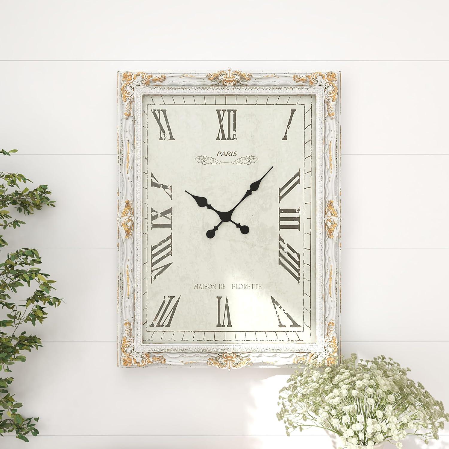 DecMode 27" x 36" White Wood Floral Carved Acanthus Wall Clock with Distressing