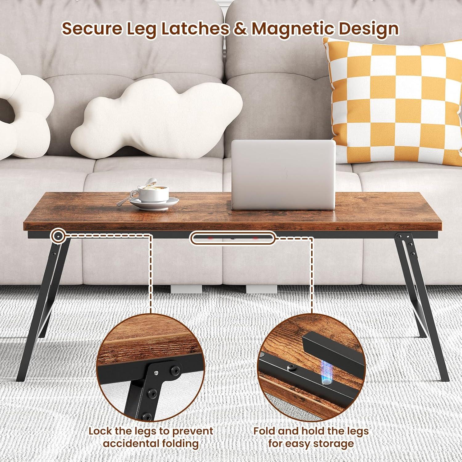 Flycity No Assembly Folding Coffee Table, Leg Latches Portable Sturdy Floor Table Desk for Sitting on The Floor, Low Coffee Table for Living Room, Home, Office, Rustic Brown, 41.34"×21.65"×15.75"