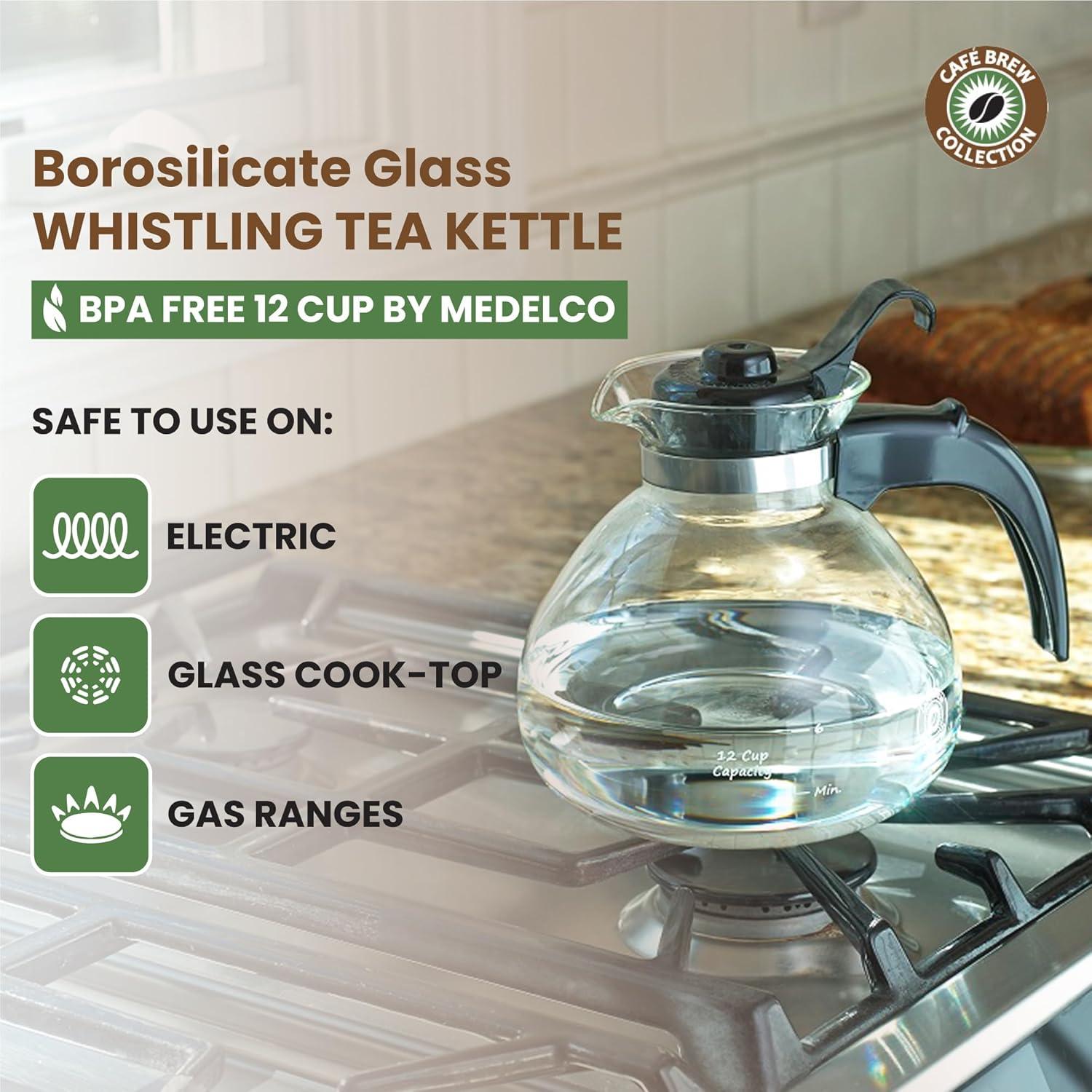 Café Brew Collection Clear Glass Whistling Tea Kettle, to Purely Brew Tea With No Metallic Taste or Other Carafe Flavors, 12 Cup Capacity