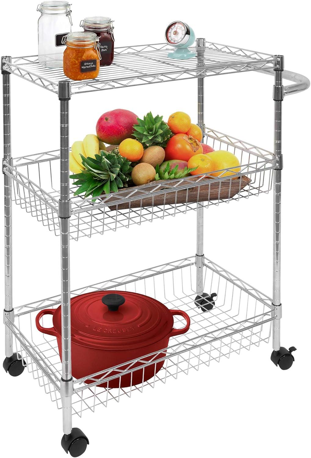 Mount-It! Mesh Wire Rolling Cart | 3-Tier Multi-Function Metal Trolley for Kitchen Storage and Organization with Lockable Wheels and Handle | Silver