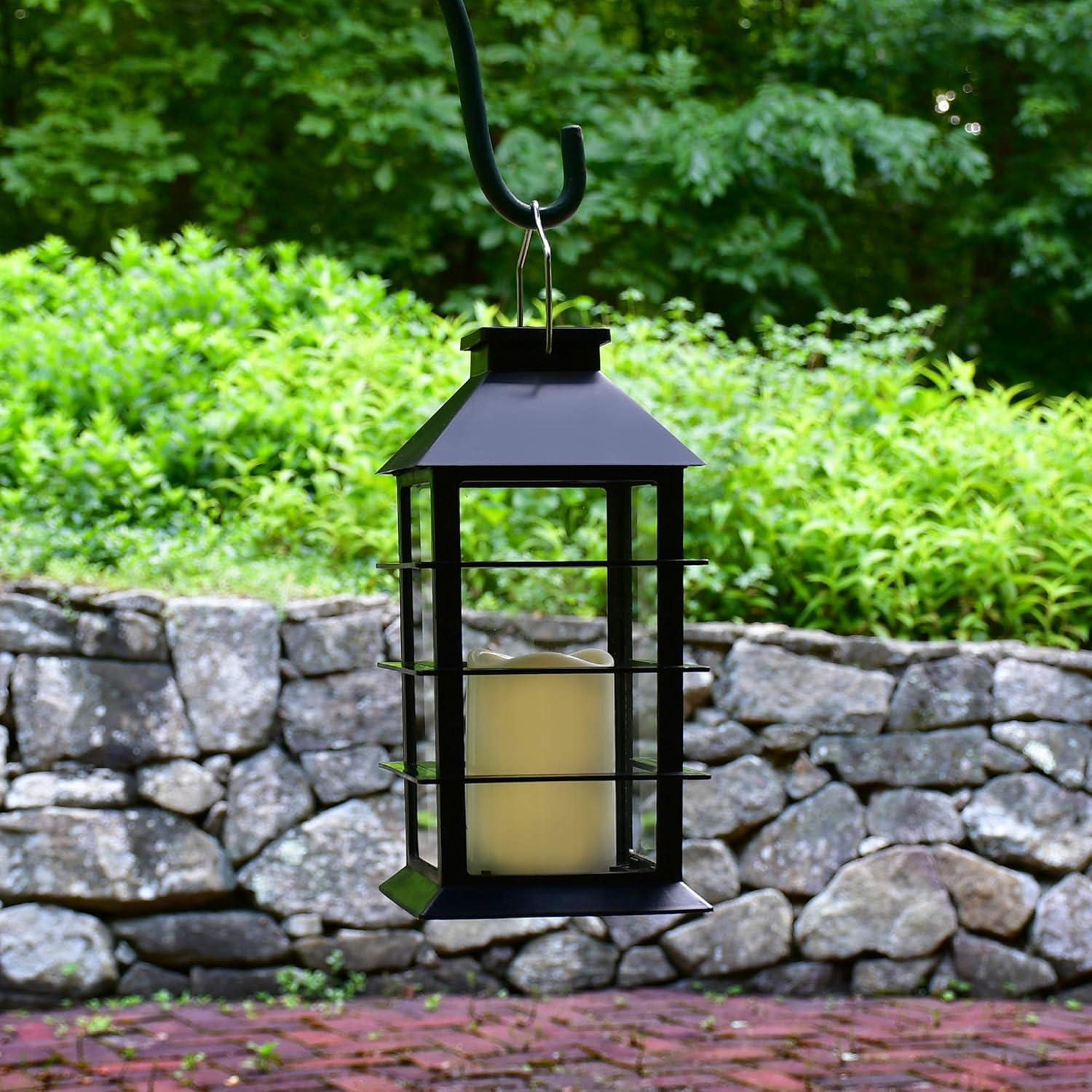 Black Solar Powered Lantern with LED Candle, 11 Inch