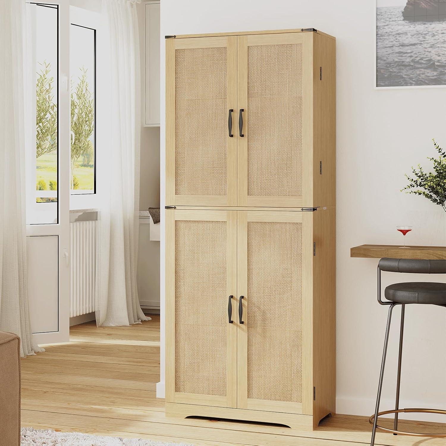 Natural Wood 72'' Kitchen Pantry with Rattan Doors