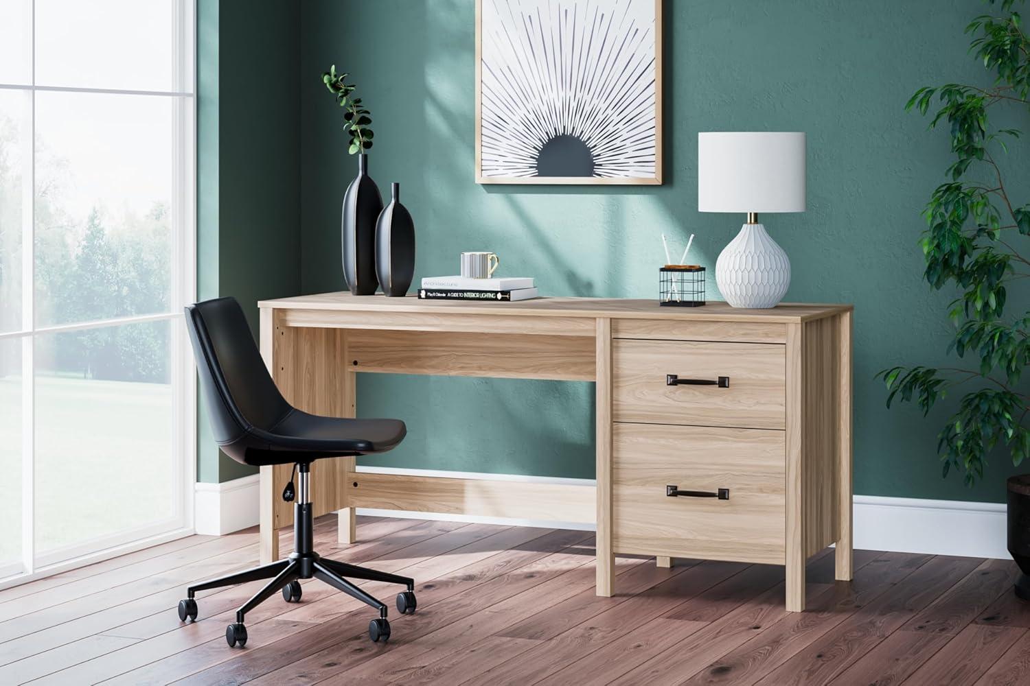 Light Brown Wood Office Desk with Drawer and Cabinet