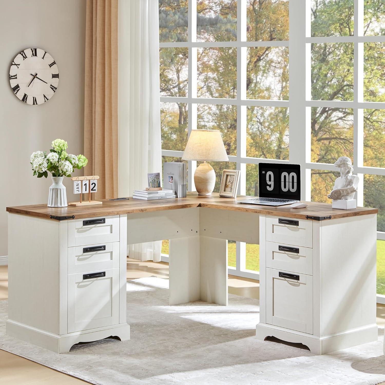 Danolapsi 60" Farmhouse L Shaped Executive Desk with Drawers,Home Office Desk with File Drawers and Storage Cabinet,Corner Computer Desk with Adjustable Side Storage Cabinet,Computer Writing Desk