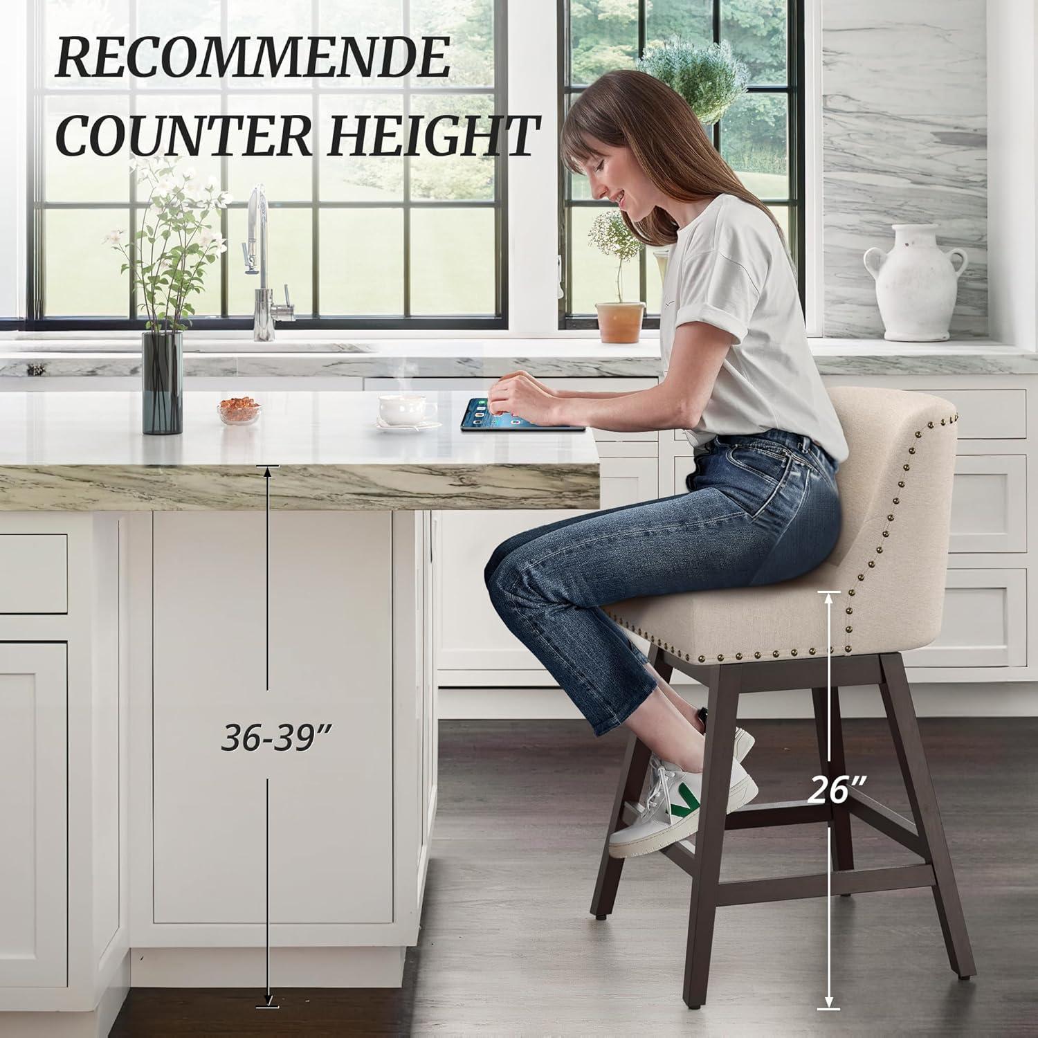 Zoi 26 in. Wood 360 Free Swivel Upholstered Bar Stool with Back, Performance Fabric in Linen. (Set of 3)