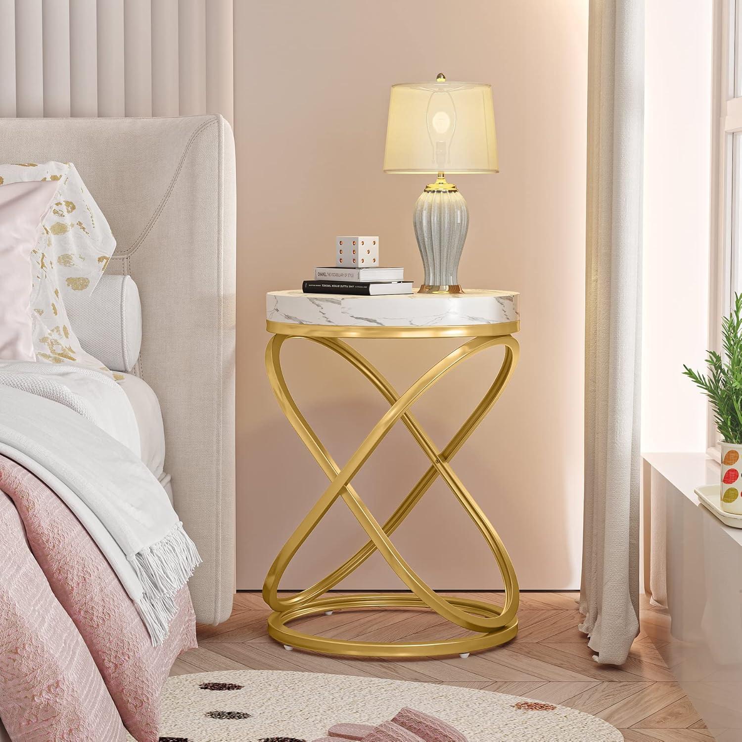 Round End Table, 26 Inches White and Gold Faux Marble Top Nightstands Sofa Side Table with Double X-Shaped Ring Unique Design for Livingroom Bedroom