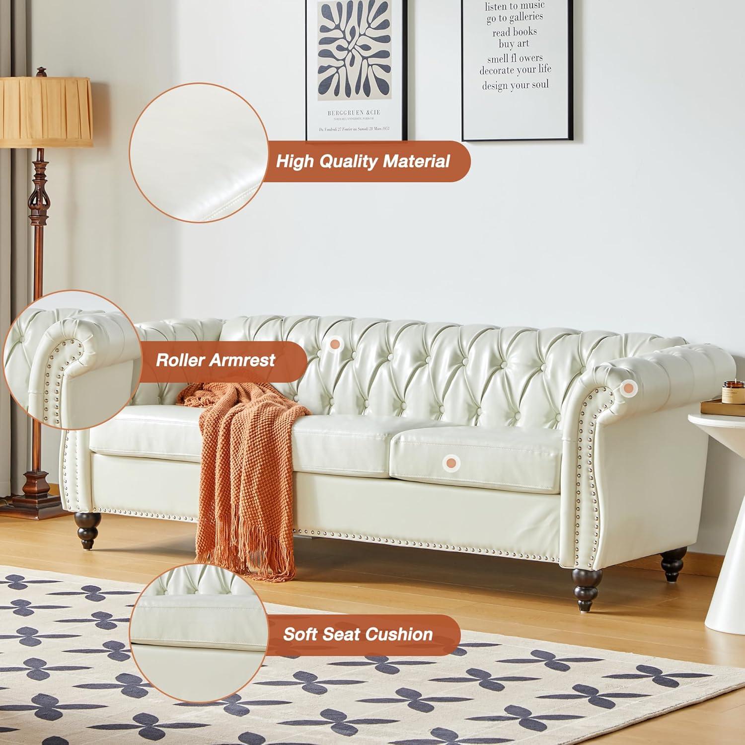 Chesterfield Sofa Faux Leather, Modern PU Tufted Couch 3 Seater with Rolled Arms and Nailhead for Living Room, Bedroom, Office, Apartment (White)