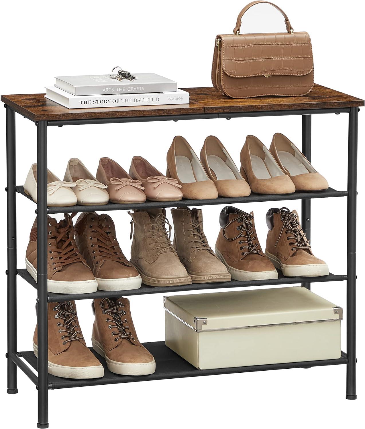 Industrial Black and Rustic Brown 4-Tier Fabric and Metal Shoe Rack