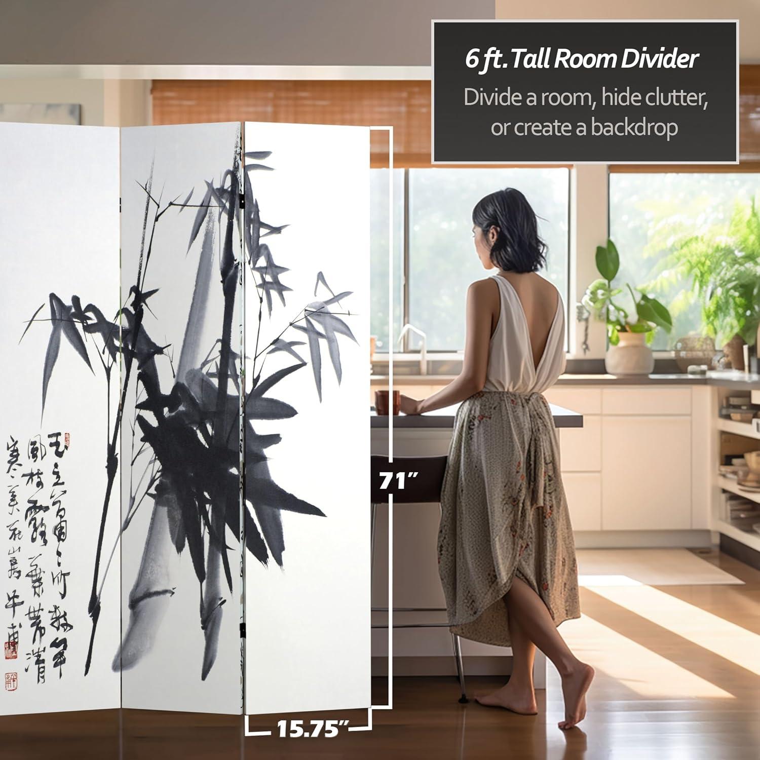 Oriental Furniture 6 ft. Tall Bamboo Calligraphy Canvas Room Divider - 3 Panel