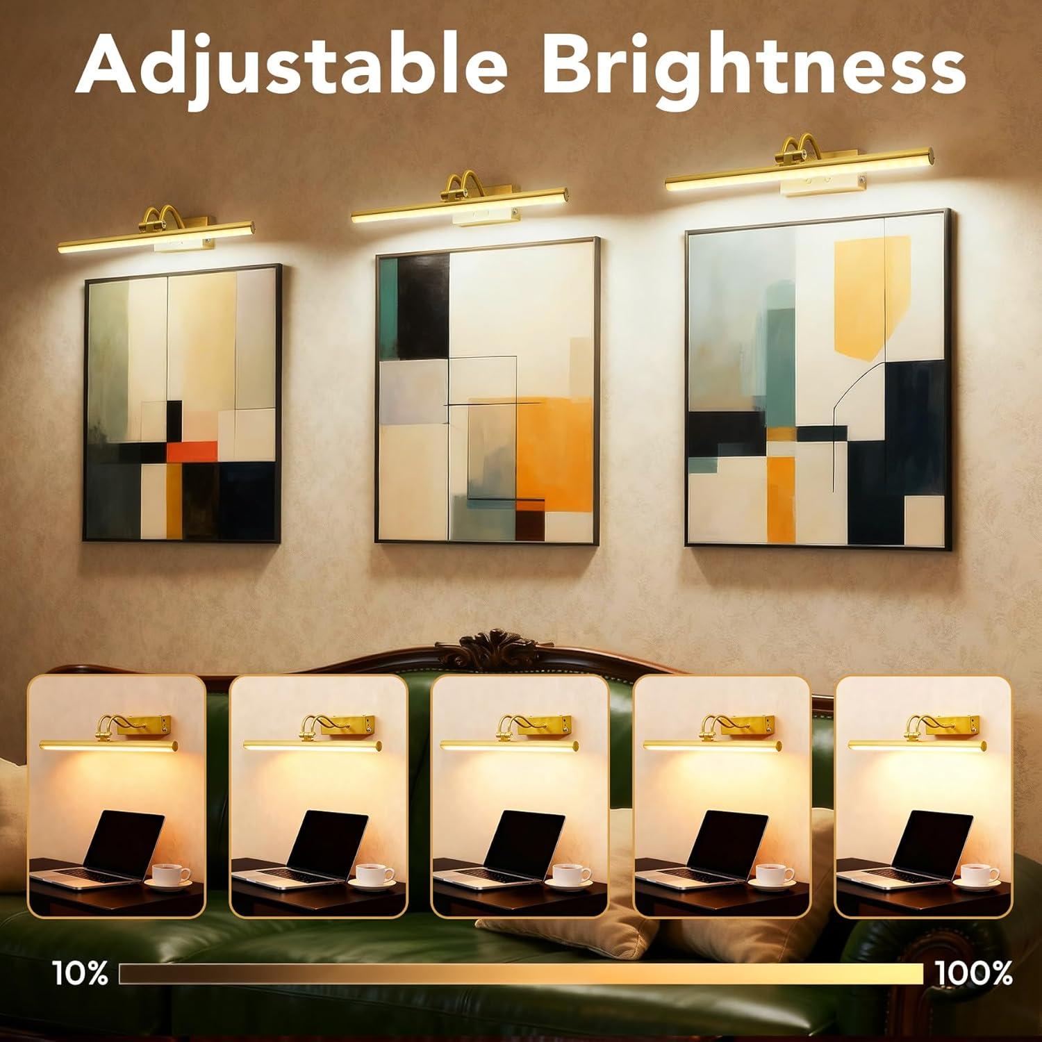 Picture Light,  Battery Operated Picture Lights For Paintings,Metal Remote Control Display Art Light With Timer And Dimmable For Wall Painting,Frame, Portrait, Dartboard-Brass