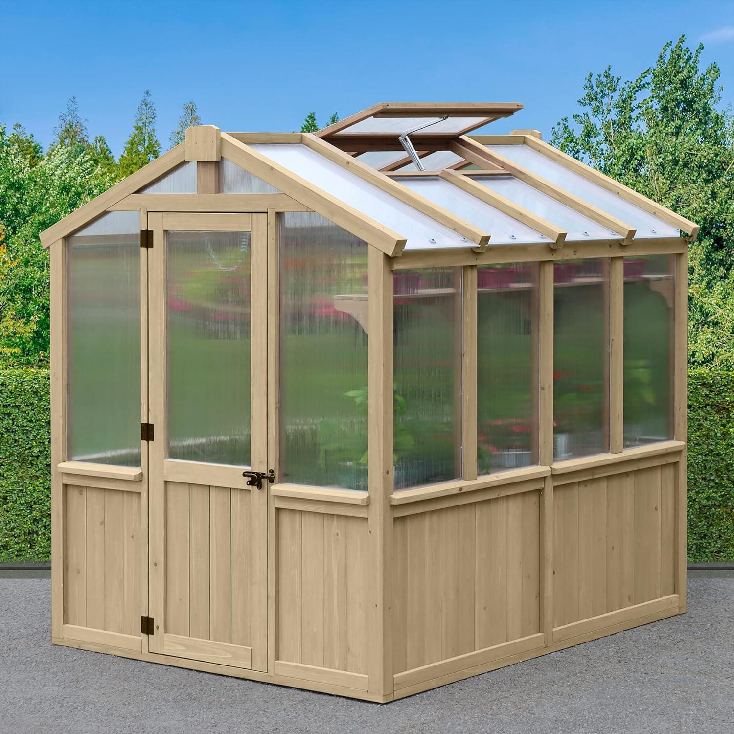 Beige Cedar Walk-In Greenhouse with Polycarbonate Windows