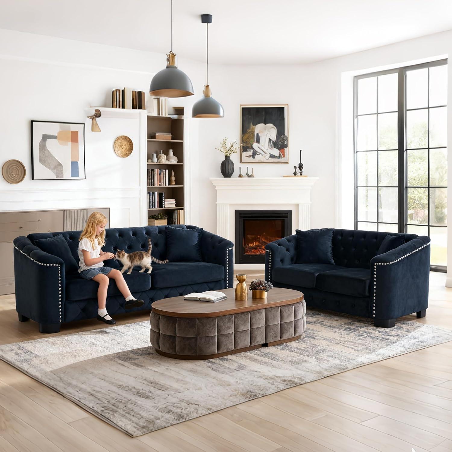 House of Hampton® House of Hampton® 2 Piece Chesterfield Sofa Set, Upholstered 77" Velvet 3 Seater Sofa + 59" Velvet Loveseat