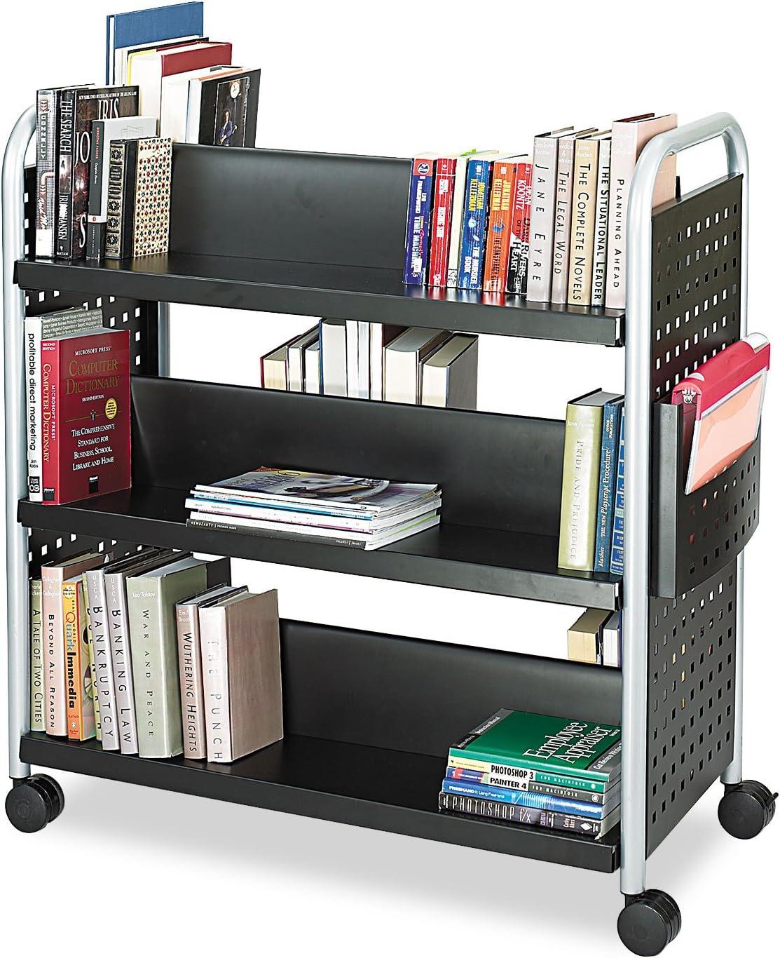 Safco Scoot Double-Sided Book Cart, Metal, 6 Shelves, 1 Bin, 41.25" x 17.75" x 41.25", Black