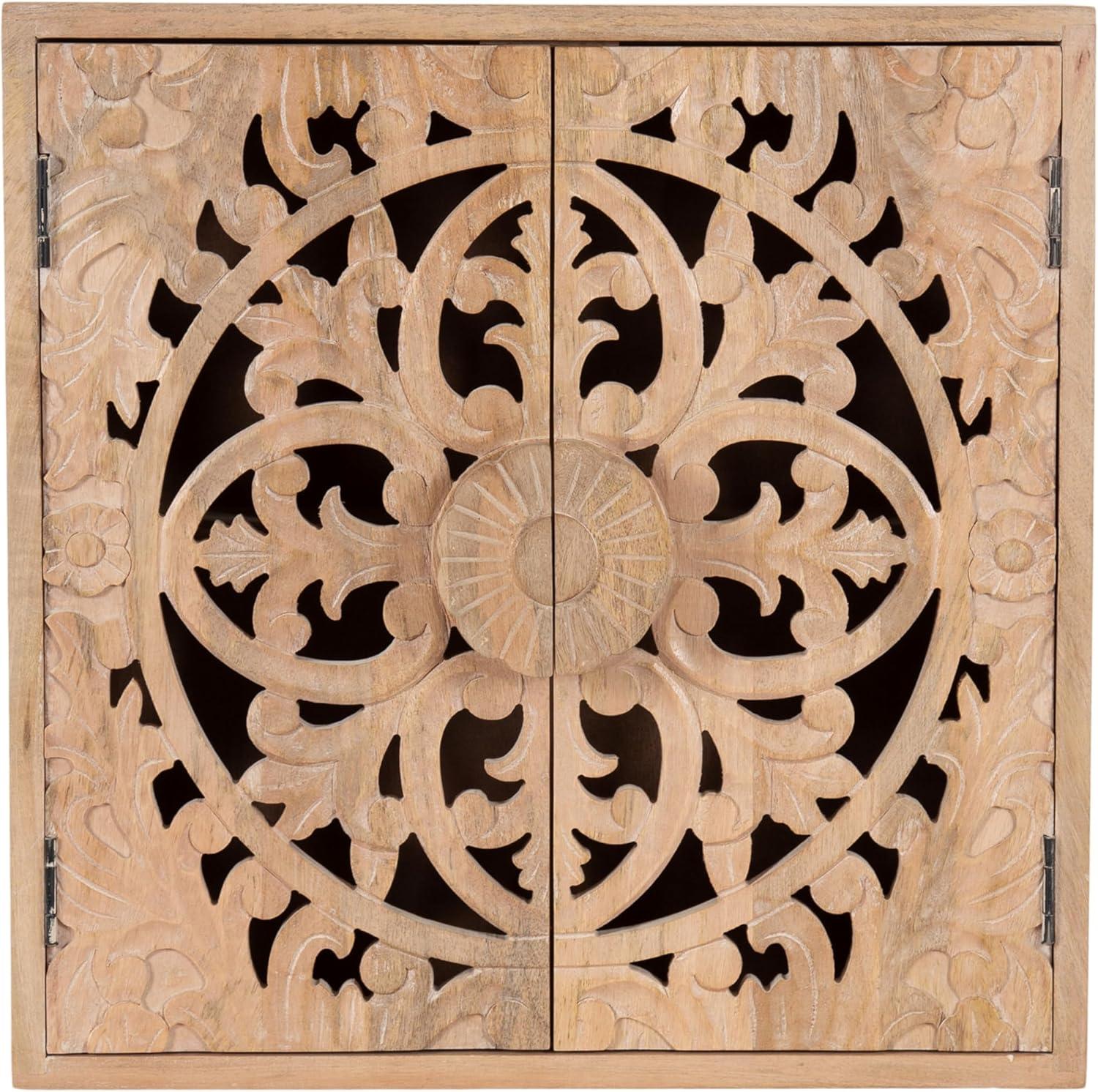 Kate and Laurel Saanvi Traditional Carved Wood Wall Cabinet, 20 x 6 x 20, Light Natural, Dimensional Over the Toilet Storage Cabinet for Bathroom Storage and Display