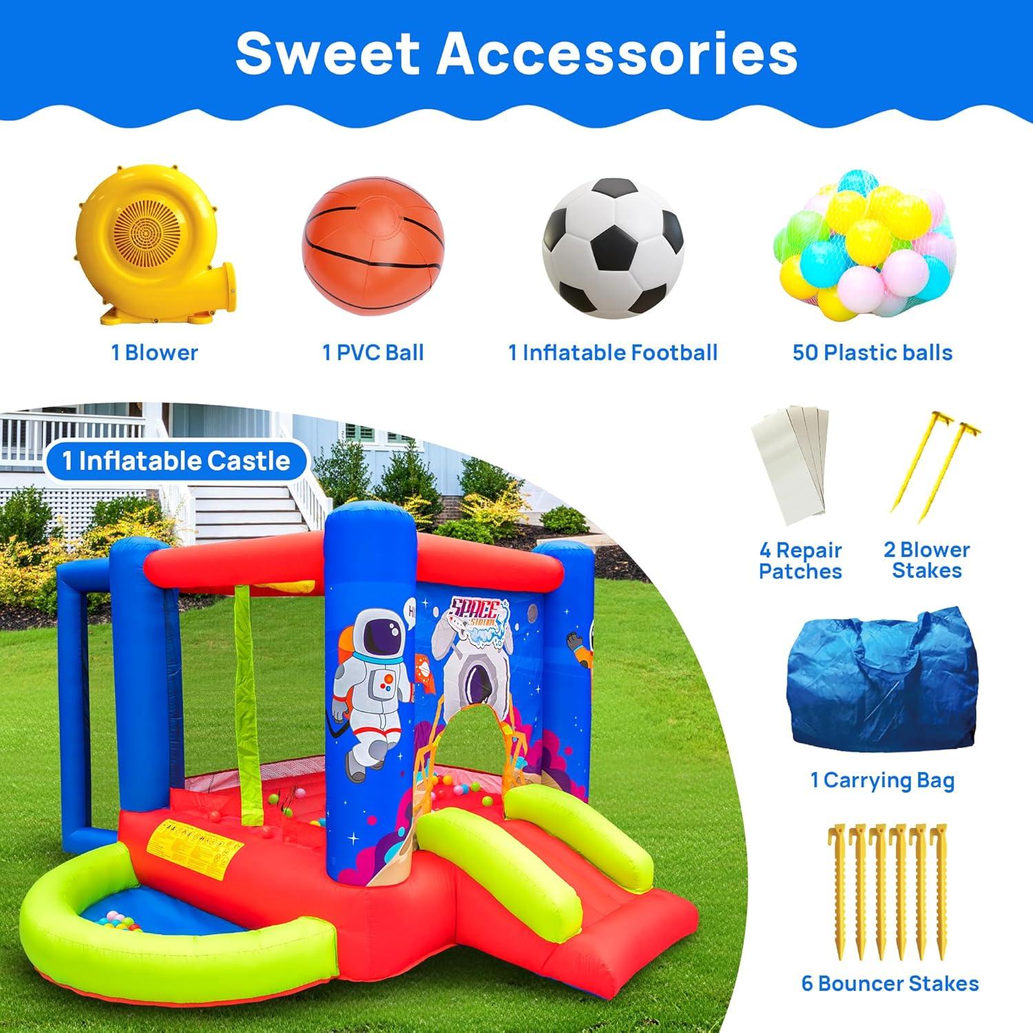 Inflatable Bounce House with Slide, Jumping Castle with Blower for Kids Play House with Wave Pool