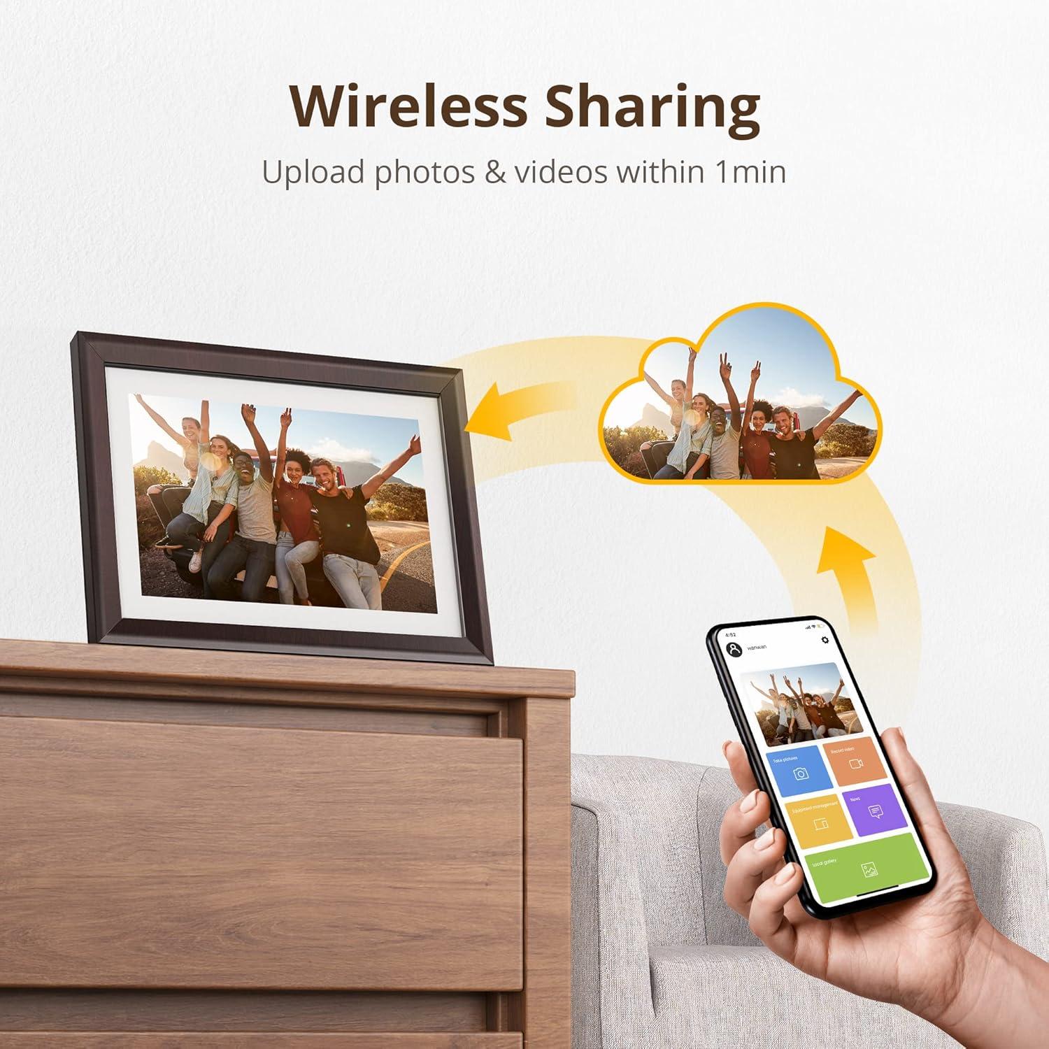 Dragon Touch Digital Picture Frame WiFi 10 inch IPS Touch Screen Digital Photo Frame Display, 32GB Storage, Auto-Rotate, Share Photos via App, Email, Cloud, Classic 10 Brown, PUUDUU