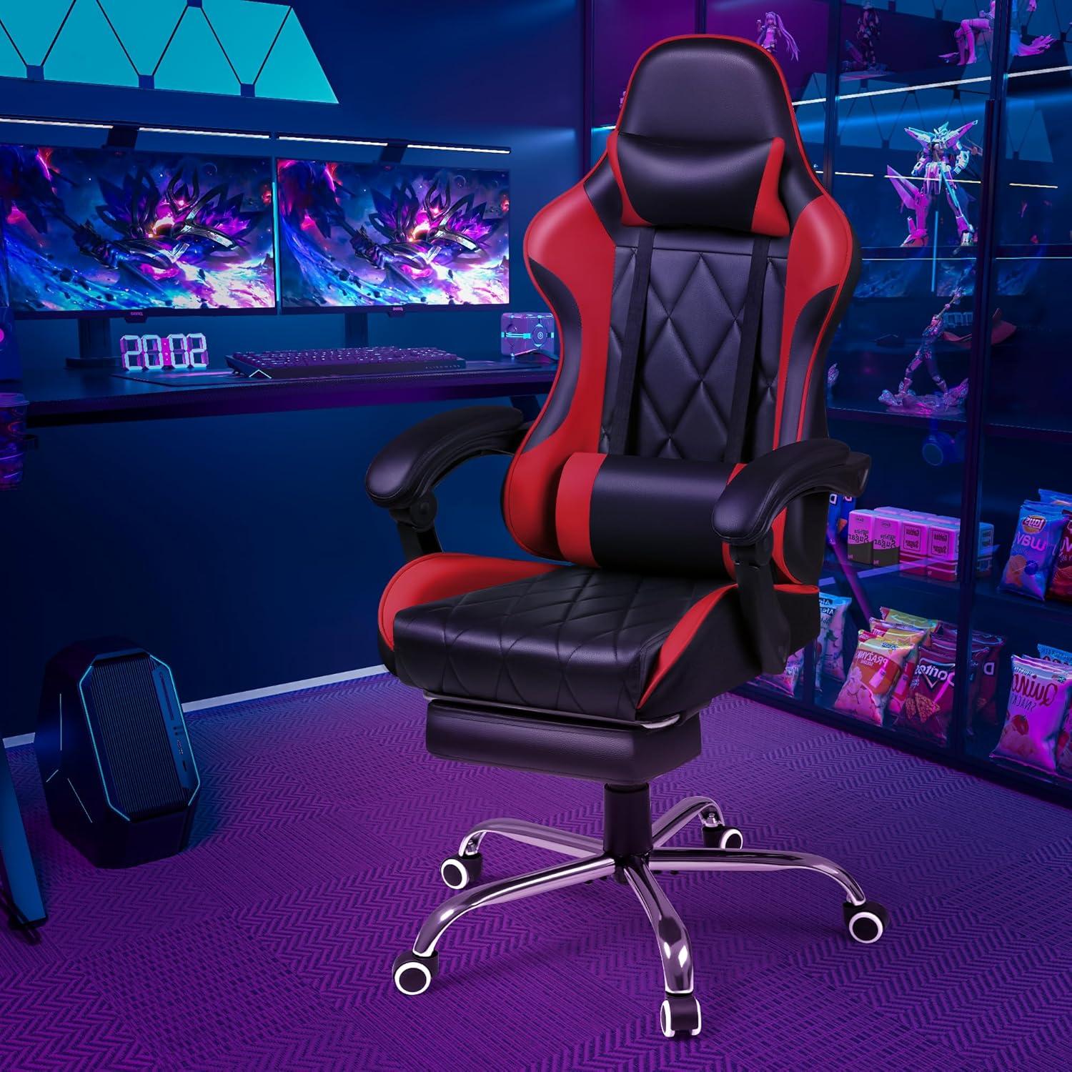 Shahoo Gaming Chair with Footrest and Massage Lumbar Support, Computer Game Chairs Ergonomic Office Seat Height Adjustable with Headrest, Red