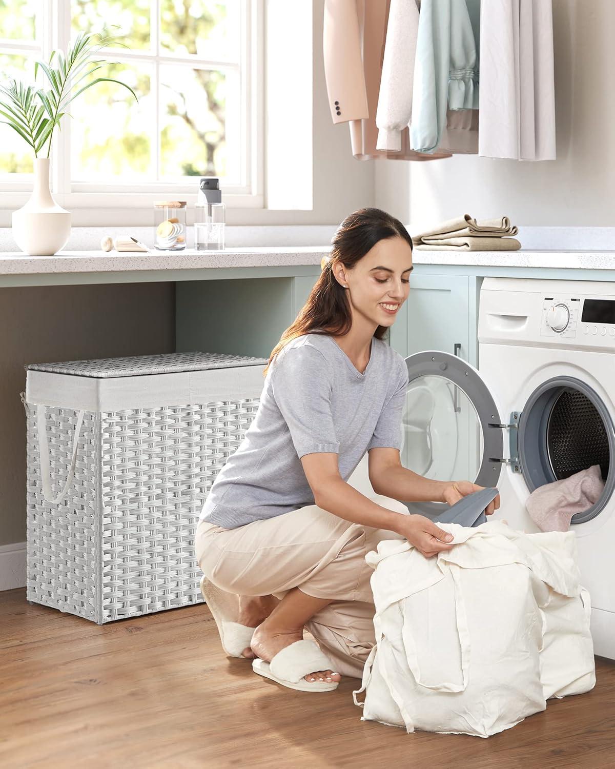 White Wicker Laundry Hamper with Lid and Liners