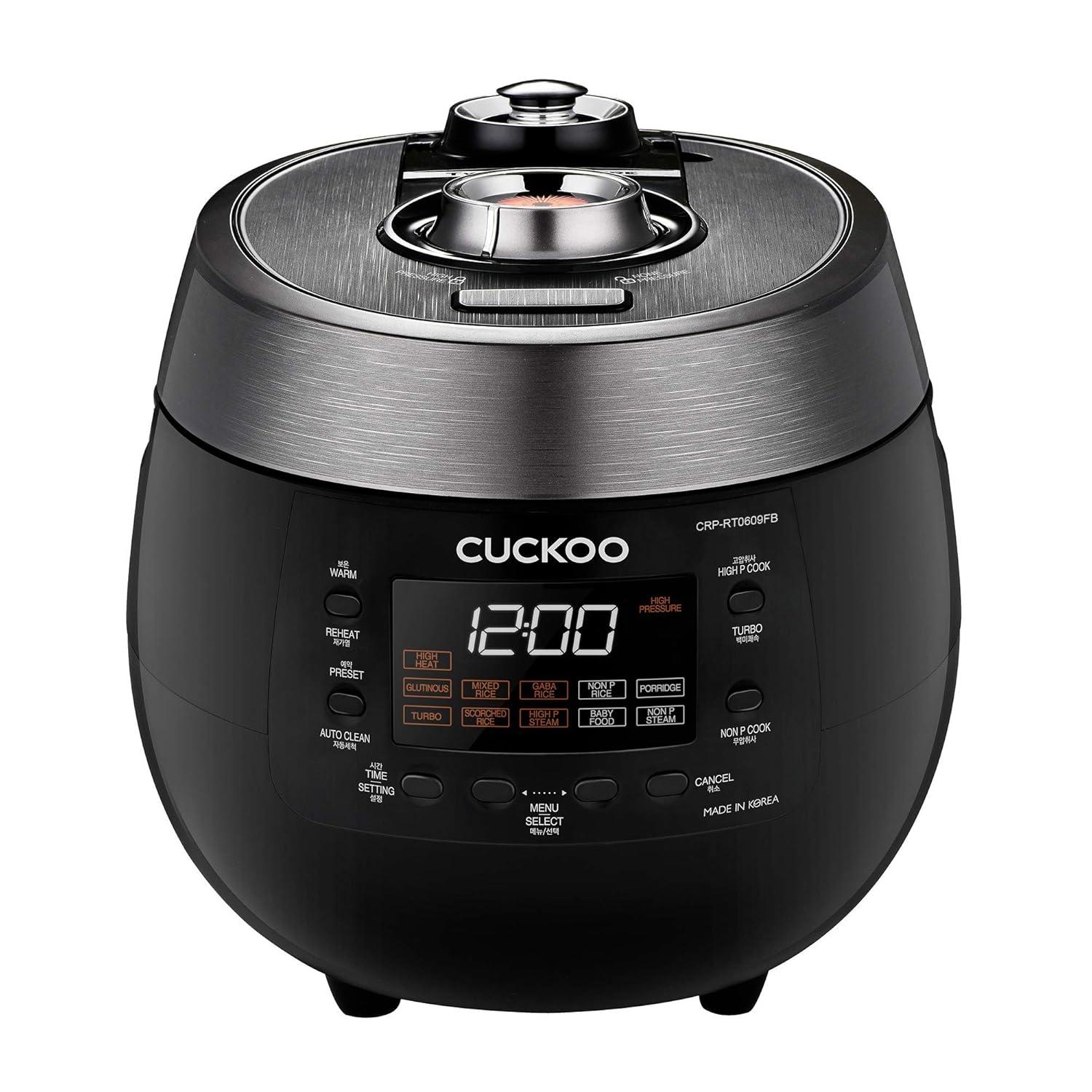 Cuckoo Electronics CUCKOO 6-Cup Twin Pressure Rice Cooker & Warmer with Nonstick Inner Pot, 14 Menu Options, Safe Steam Release, 3 Voice Guide, Auto Clean (Black) CRP-RT0609FB