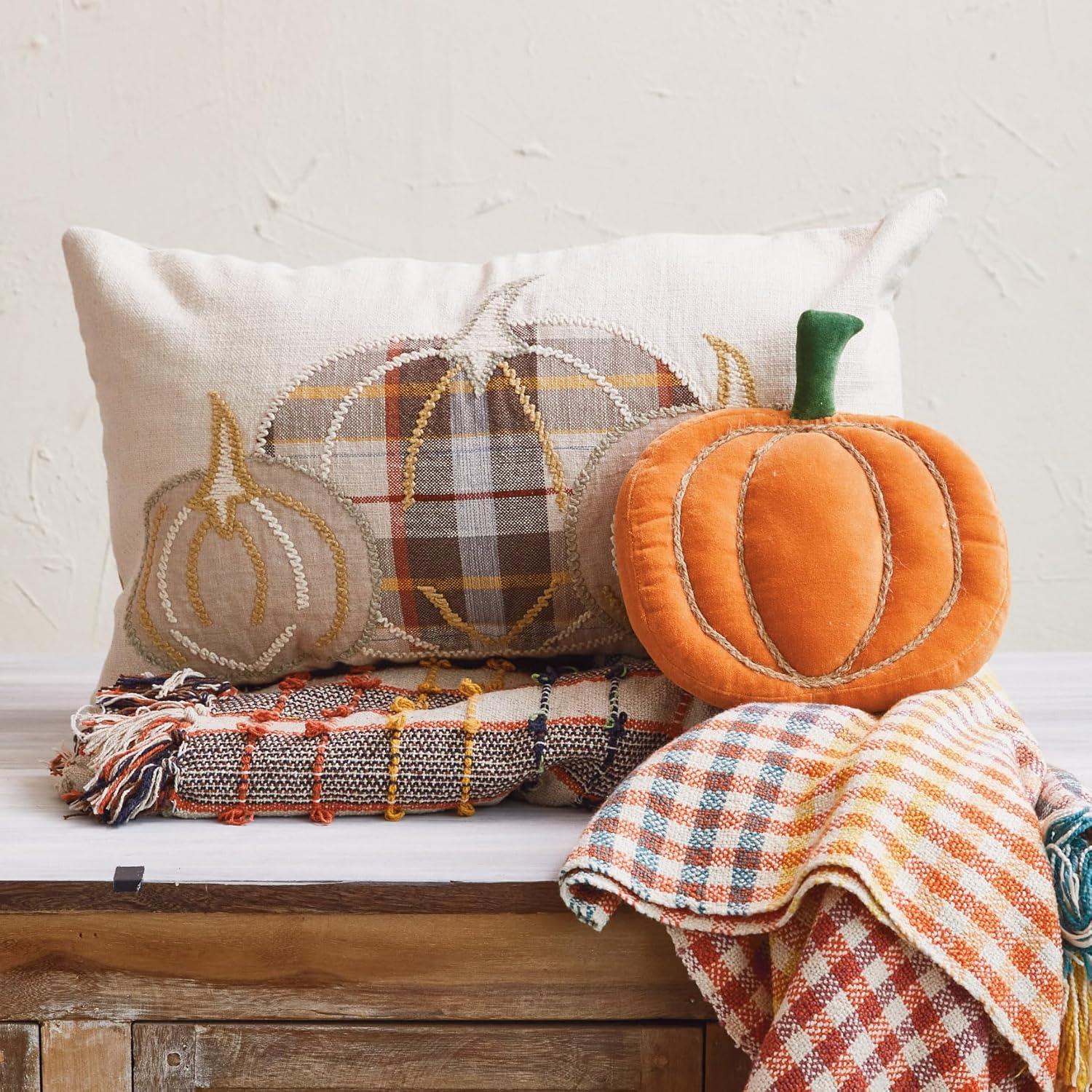 Orange Green Cotton Velvet Pumpkin Pillow with Jute Embroidery