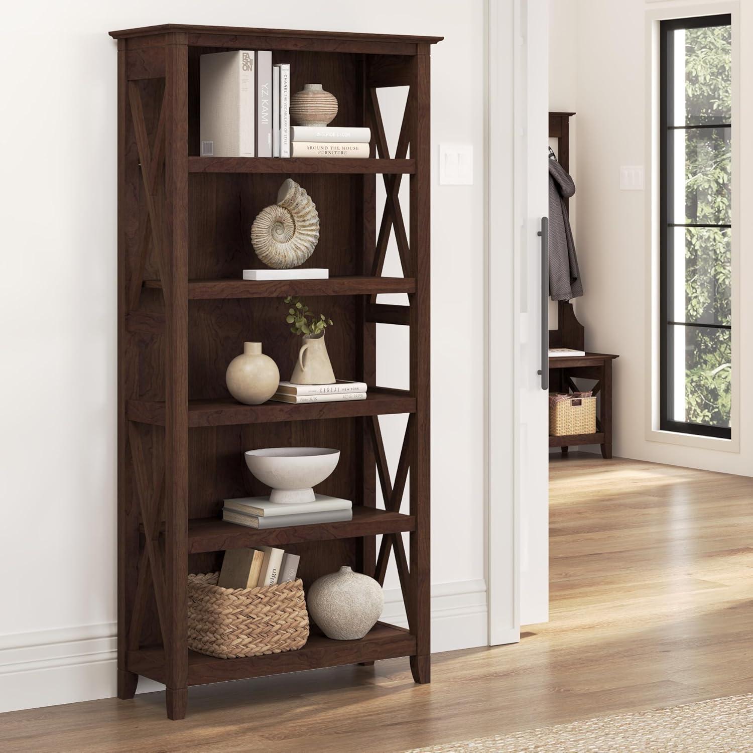 Transitional Bing Cherry Adjustable Wood Bookcase with X-Pattern Accents