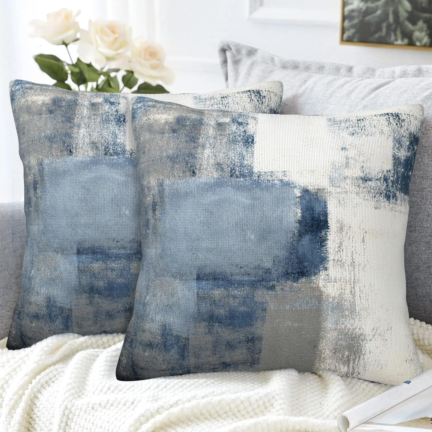 Blue and Grey Abstract Art Polyester Square Throw Pillows Set