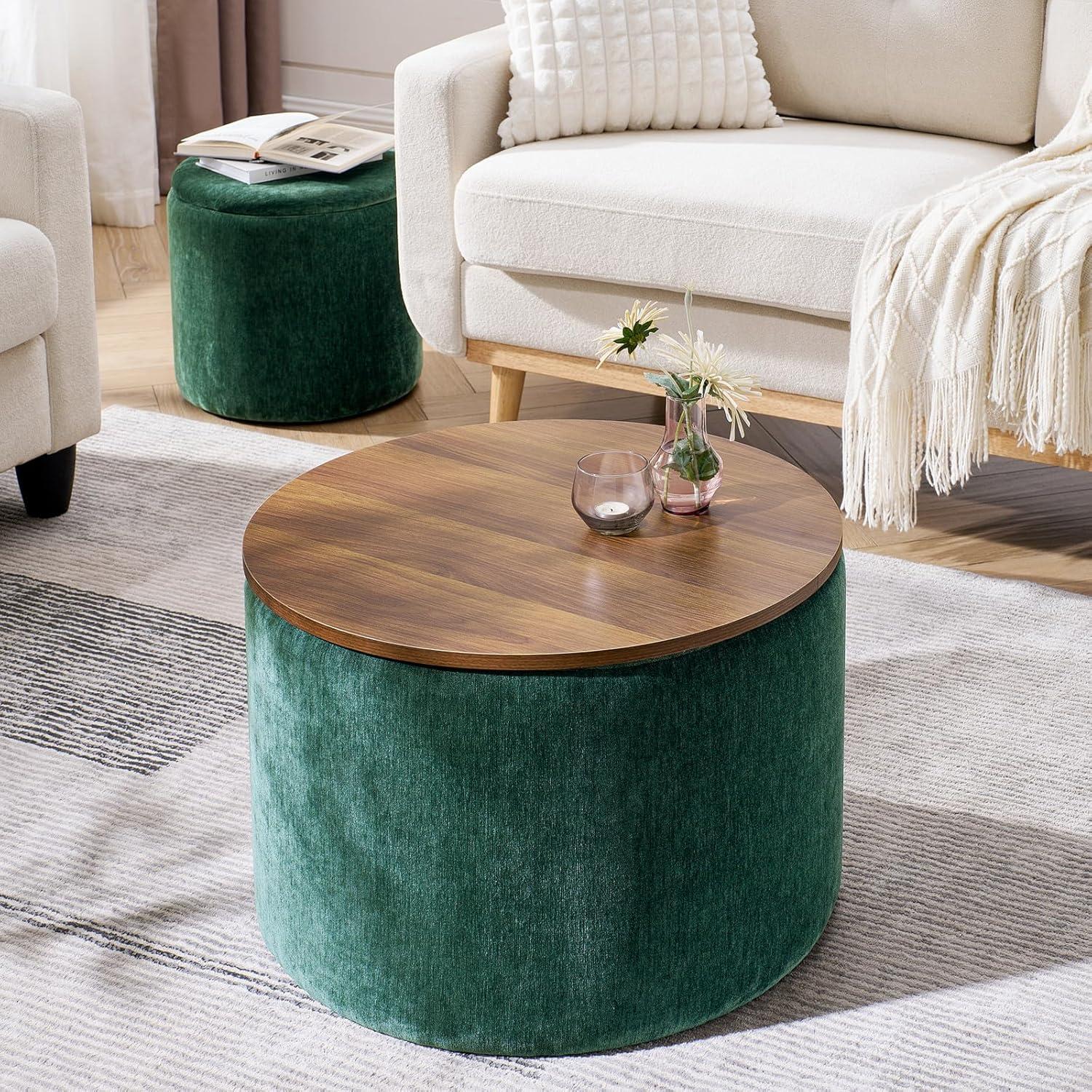 2-Piece Set Storage Ottoman, Round Chenille Makeup Vanity Stool Chair with Storage Space, for Serving as a Living Room Footstool, Coffee Table and Additional Seats, Dark Green