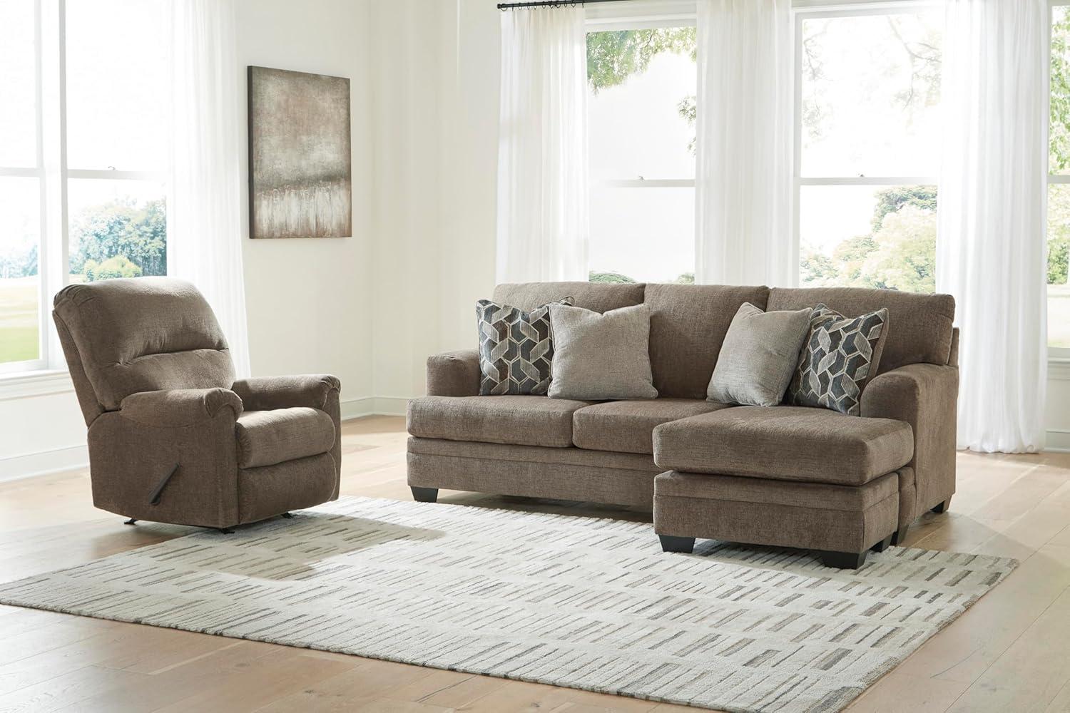 Nutmeg Fabric Sofa Chaise with Flared Arms and Ottoman
