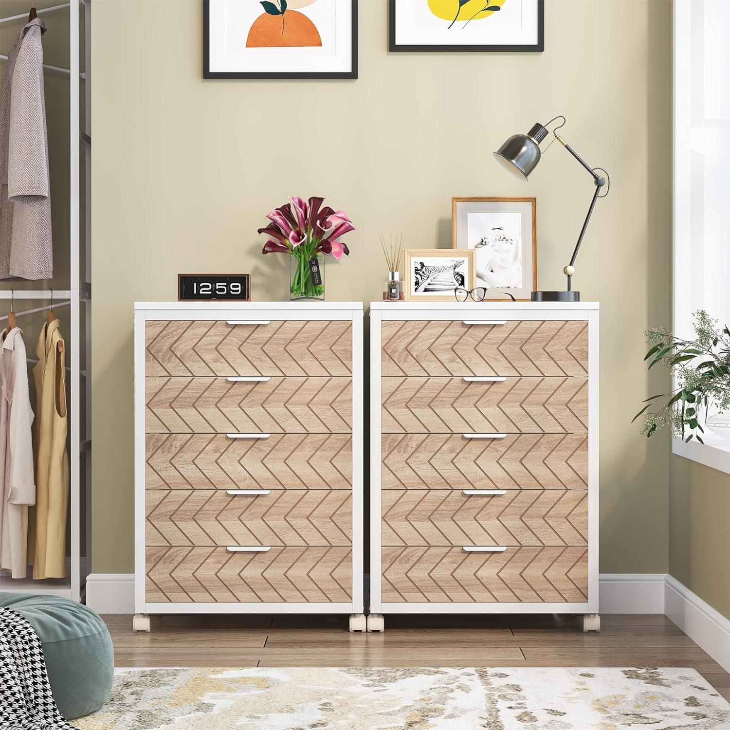 Tribesigns 5 Drawer Chest, Wood Storage Dresser Cabinet with Wheels, Industrial Storage Drawer Organizer Cart for Office Bedroom Entryway, White