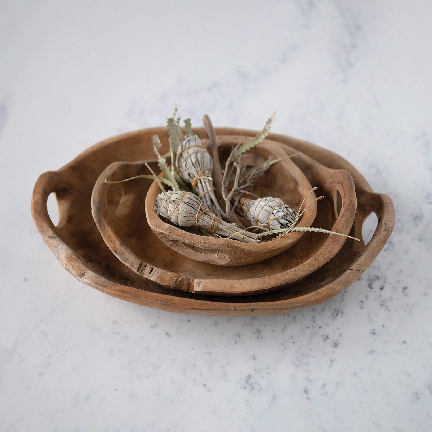 Hand-Carved Teak Wood Serving Bowls with Handles, Set of 3