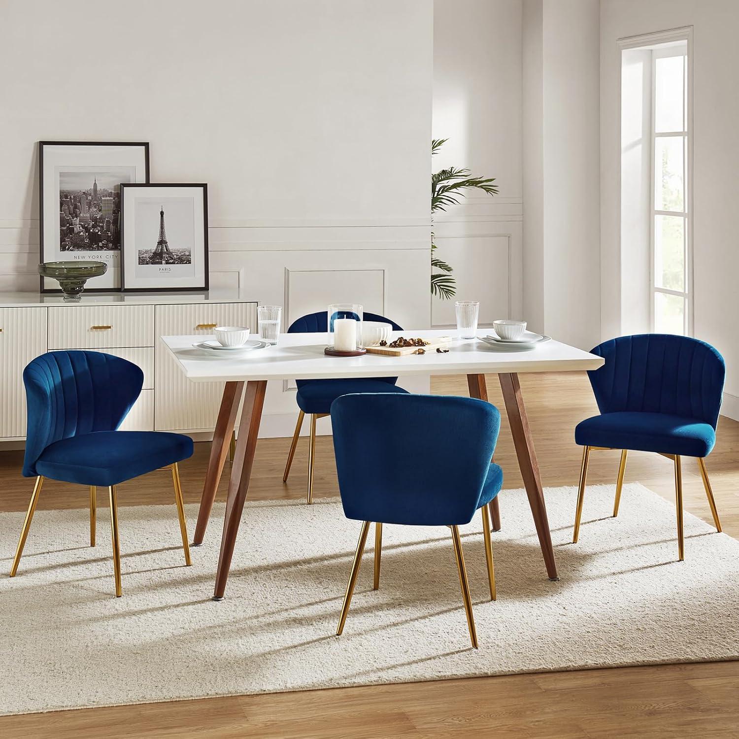 Home Velvet Dining Chairs Set of 2 Upholstered Wingback Accent Side Chairs Metal Legs Living Room Kitchen Navy