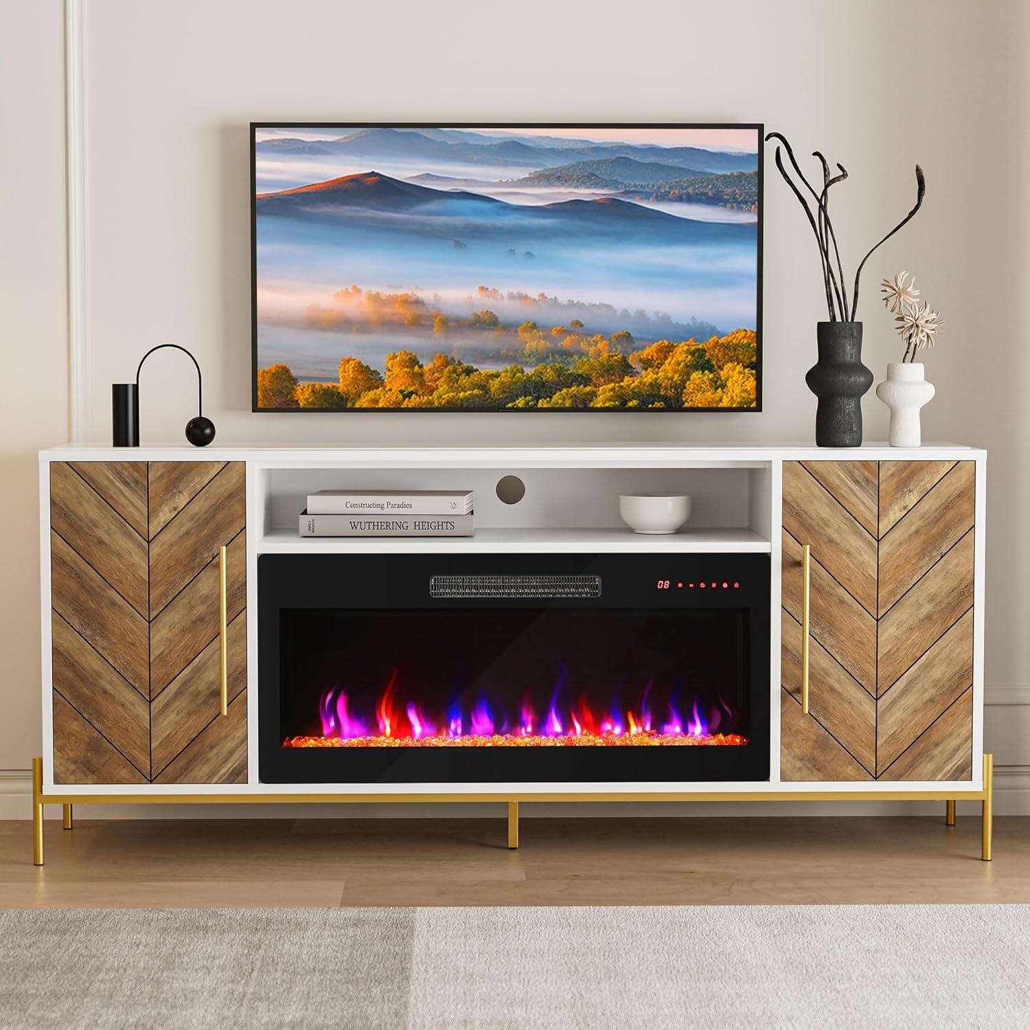 White and Wood 68" TV Stand with Electric Fireplace