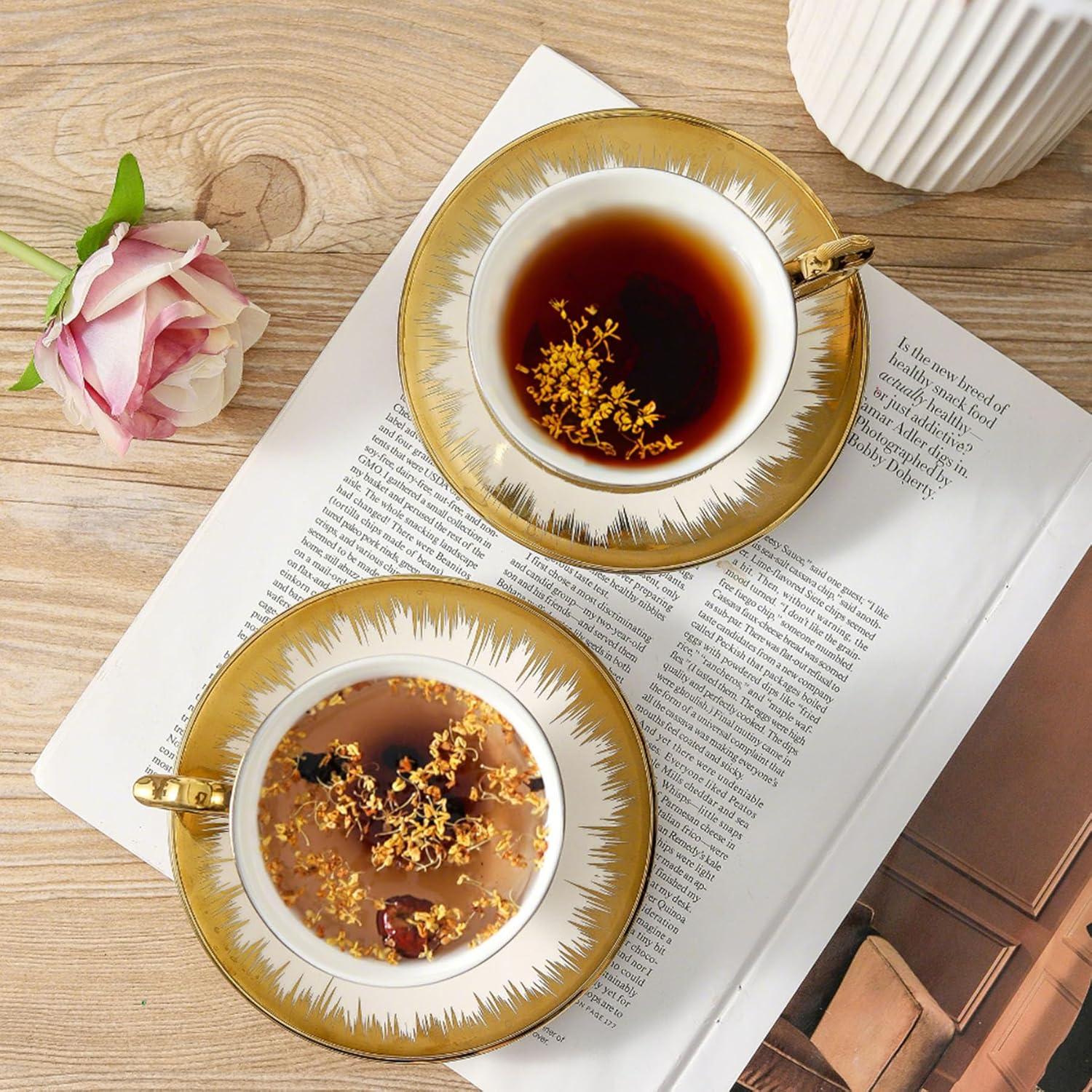 FAST APPLIANCES LLC Cappuccino Cups With Saucers, 7 Oz Porcelain Double Espresso Cups Set, Ceramic Turkish Coffee Cups With Trim, Tea Cups Set Of 6, Cafe Cups For Latte, Mocha, Au Lait