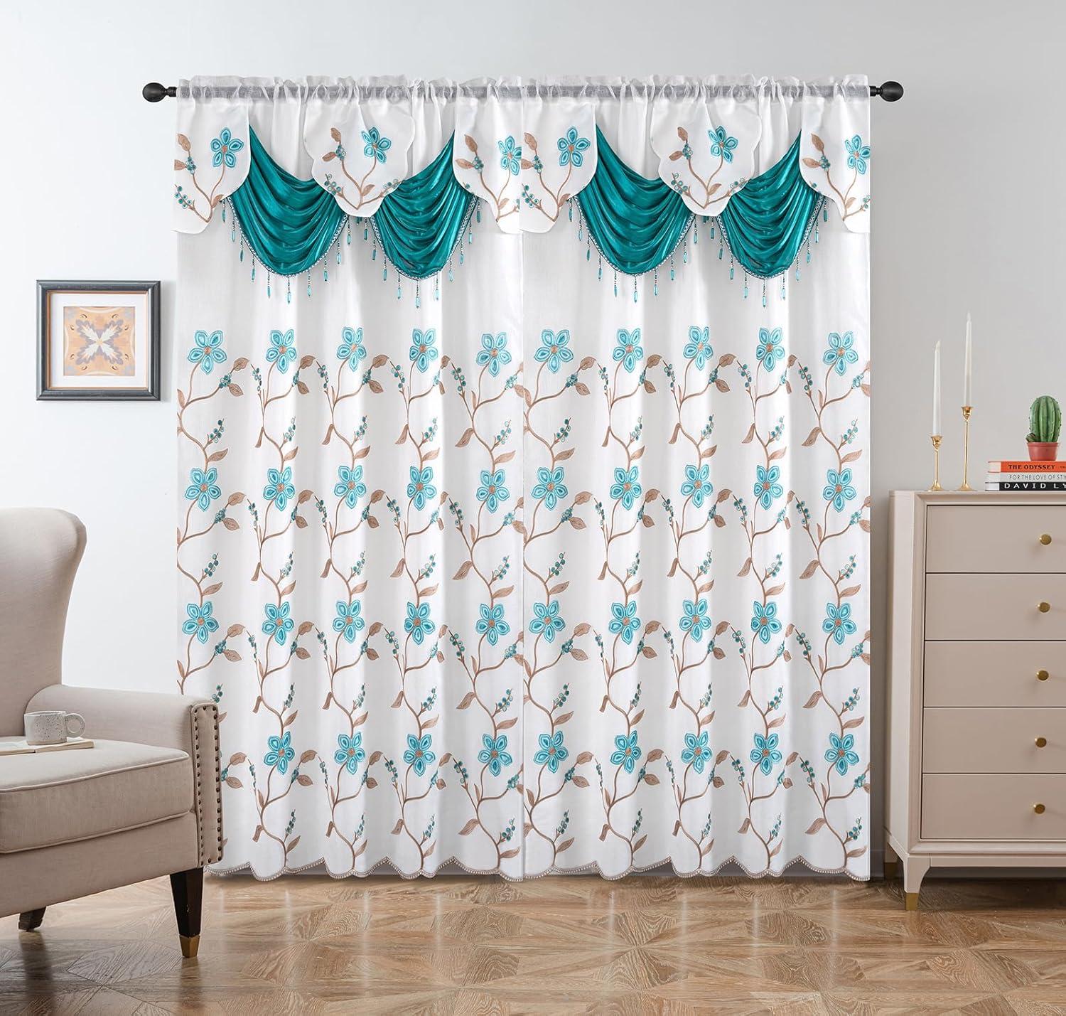 Red Barrel Studio® Embroidery Sheer Curtain 2 Panels Set Luxury Window Curtain Attached Valance With Satin Backing And 2 Tie Backs