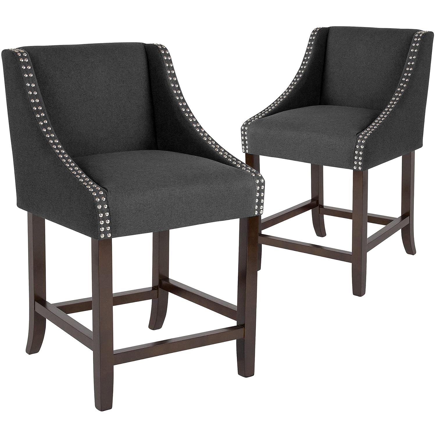 Flash Furniture Carmel Series 24" High Transitional Walnut Counter Height Stool with Nail Trim in Charcoal Fabric, Set of 2