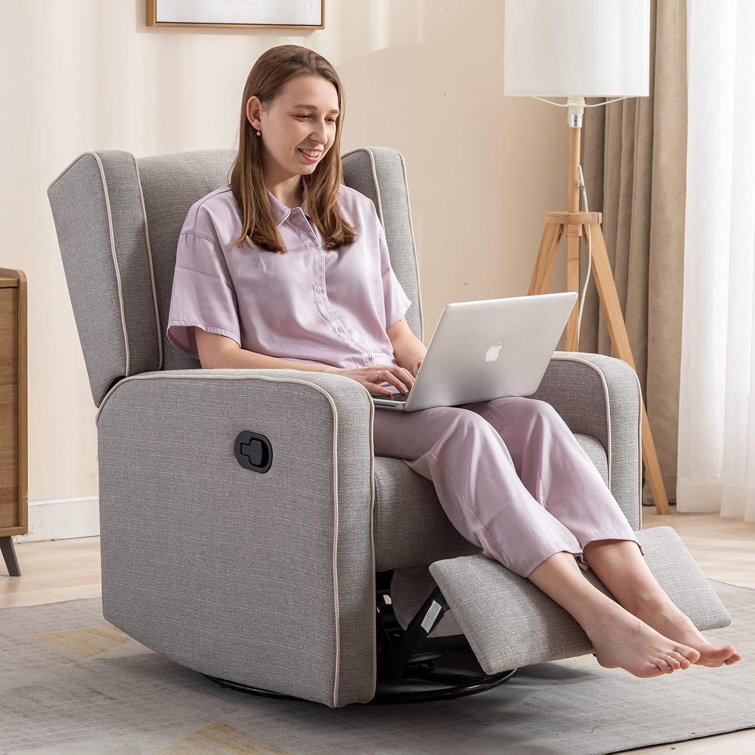 Gray Polyester Swivel Rocker Recliner with Button Tufting