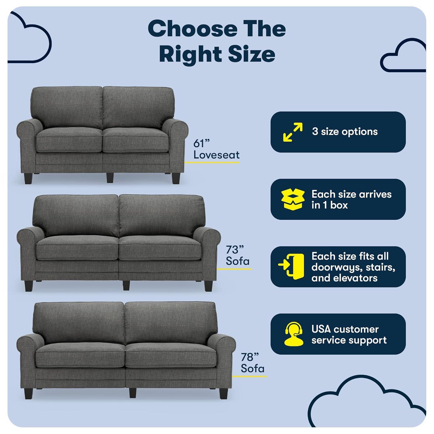 Serta Copenhagen 61" Rolled Arm Sofa, Easy Care Fabric, Soft Pillow Back, Pocket Coil Seat Cushions