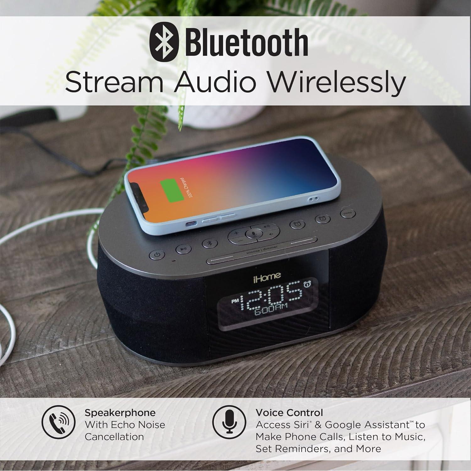 iHome Wireless Charging Alarm Clock with Bluetooth Speaker and USB Charging - (iBTW38B8)