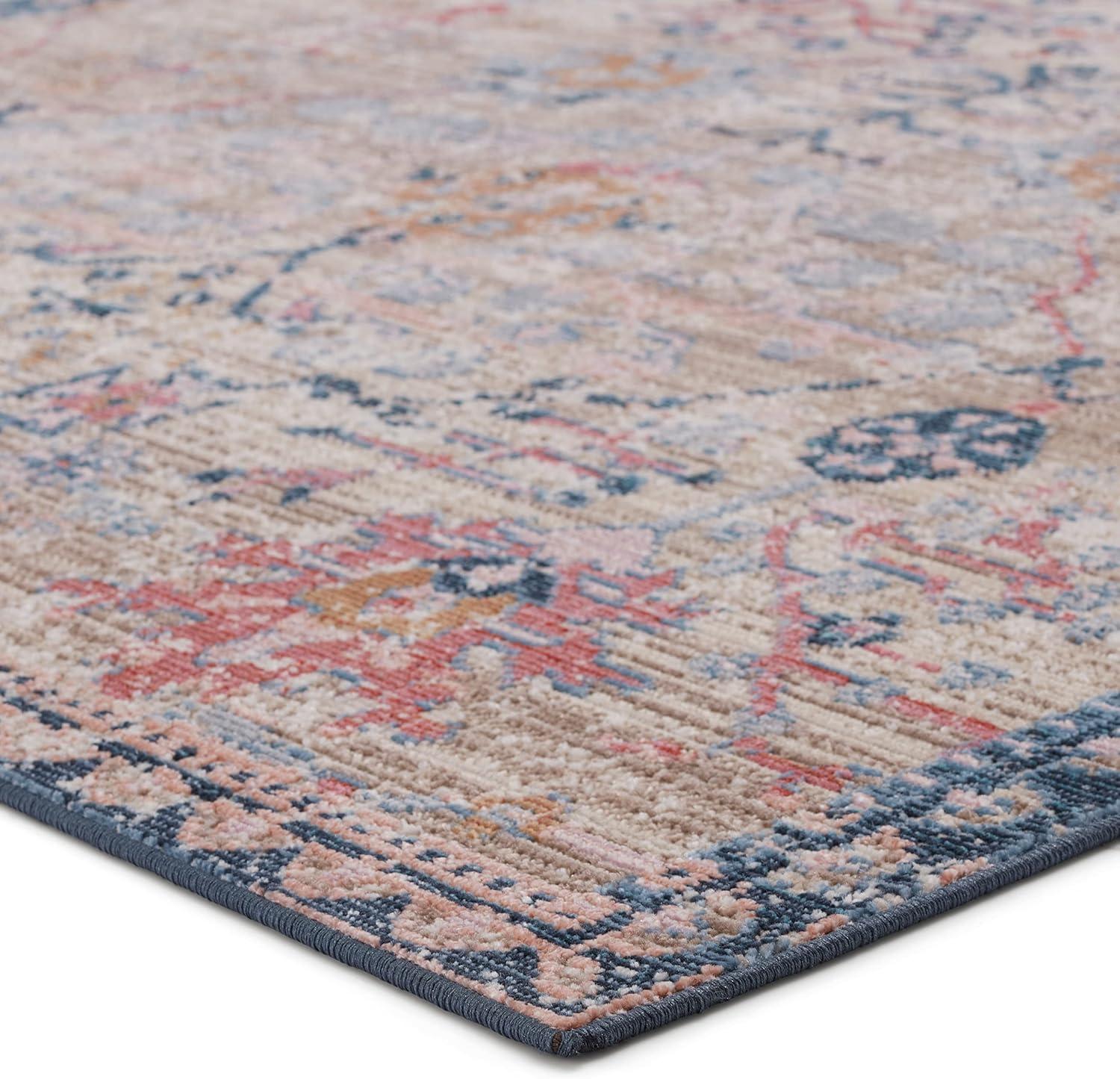 Tan and Blue Synthetic 8' x 10' Rectangular Area Rug