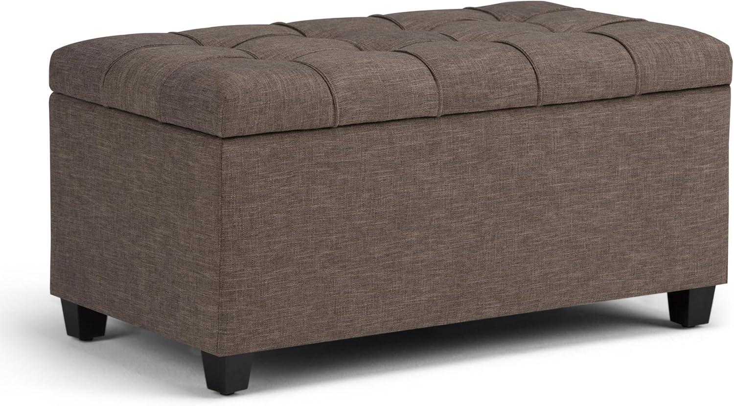 Simpli Home Sienna 34" Transitional Rectangle Ottoman Bench in Fawn Brown Linen Look Fabric