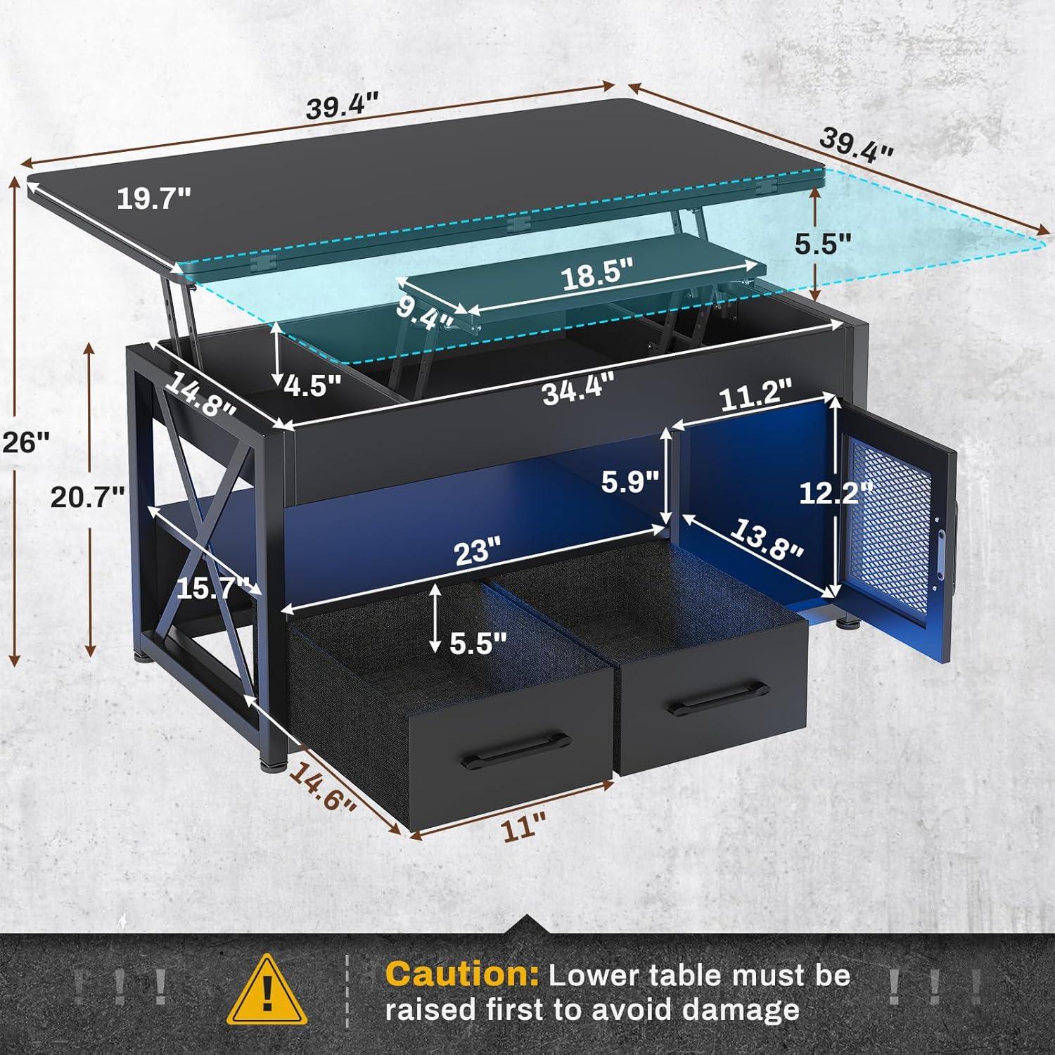 4 in 1 Lift Top Coffee Table with LED Light and 2 Fabric Drawers, 40" Farmhouse Coffee Table, Black