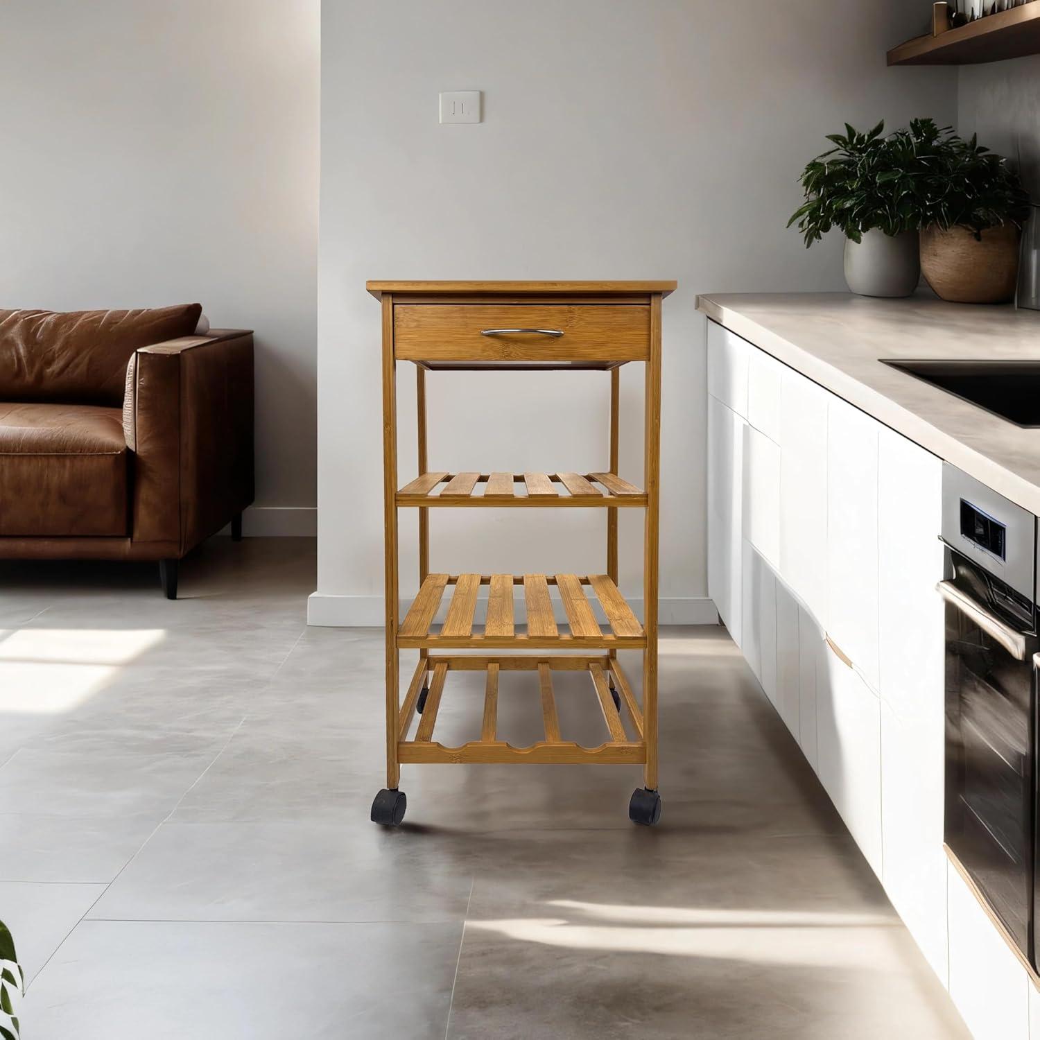 Greemotion Dahn Bamboo 3-Shelf Kitchen Cart with Drawer in Natural