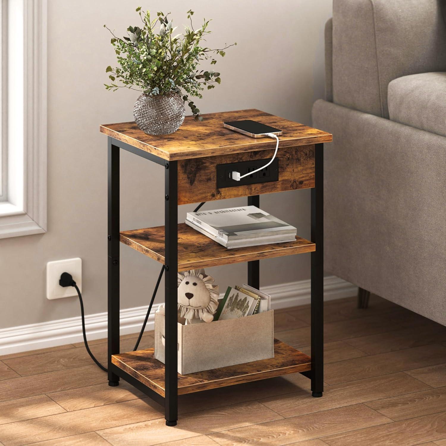 End Tables Set of 2 with Charging Station USB Ports, 3 Tier Tall Night Stand with Storage Shelves, Record Player Stand Narrow Side Table for Small Space Living Room Bedroom Office, Rustic Brown