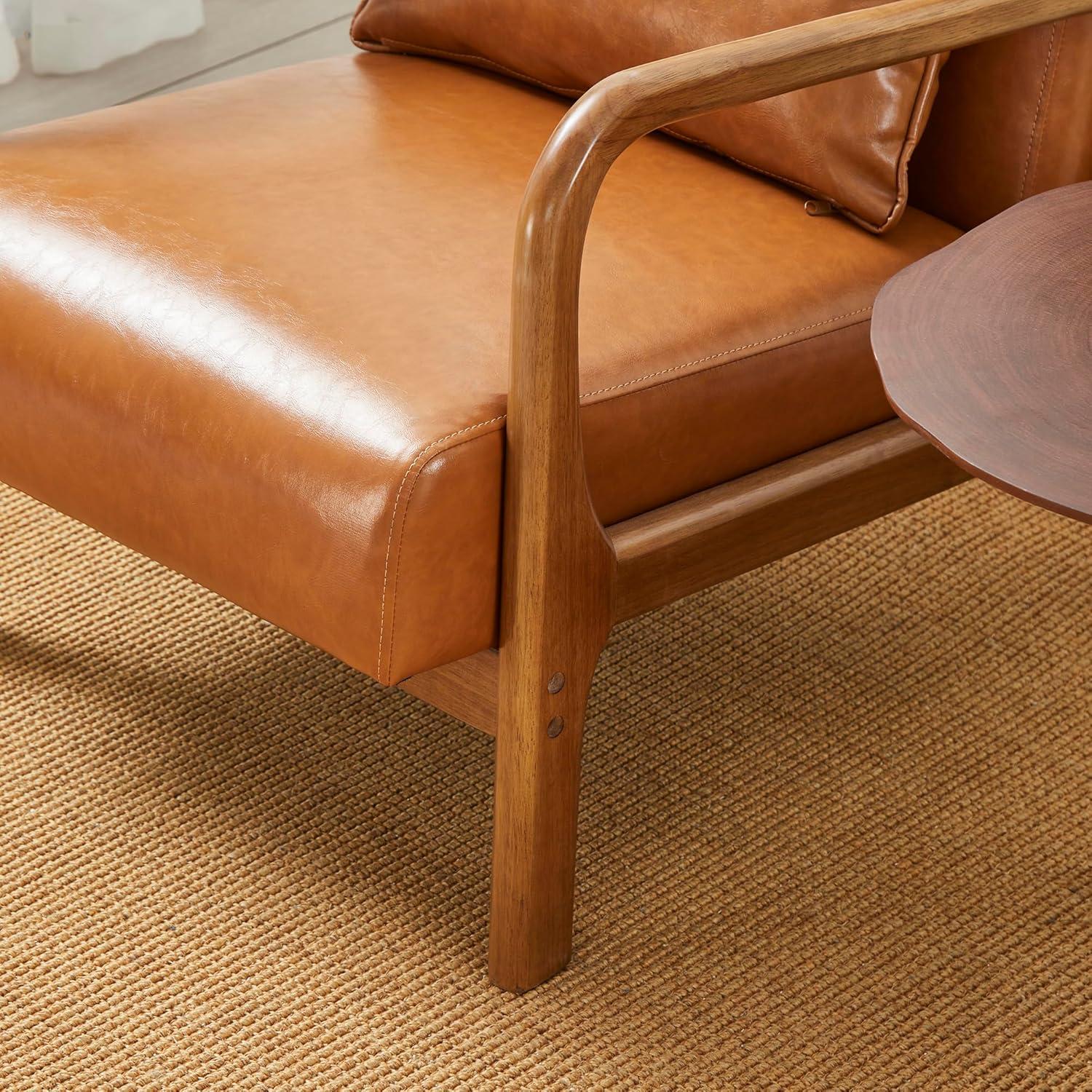 Mid-Century Modern Leatherette Arm Accent Chair Walnut Rubberwood Frame Tan - Glitzhome: Upholstered, Durable, for Office & Home